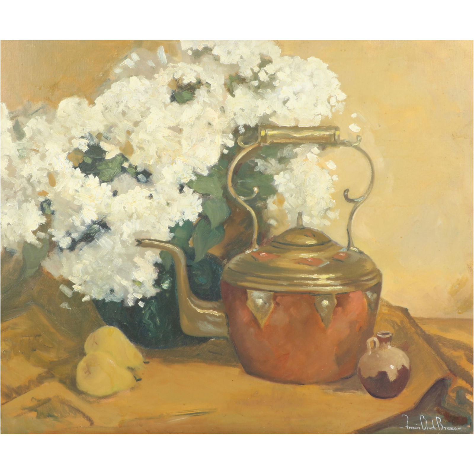 Francis Clark Brown, Indiana (1908 - 1992), floral still life with tea kettle, oil on canvas, 25"H x (1 of 8)