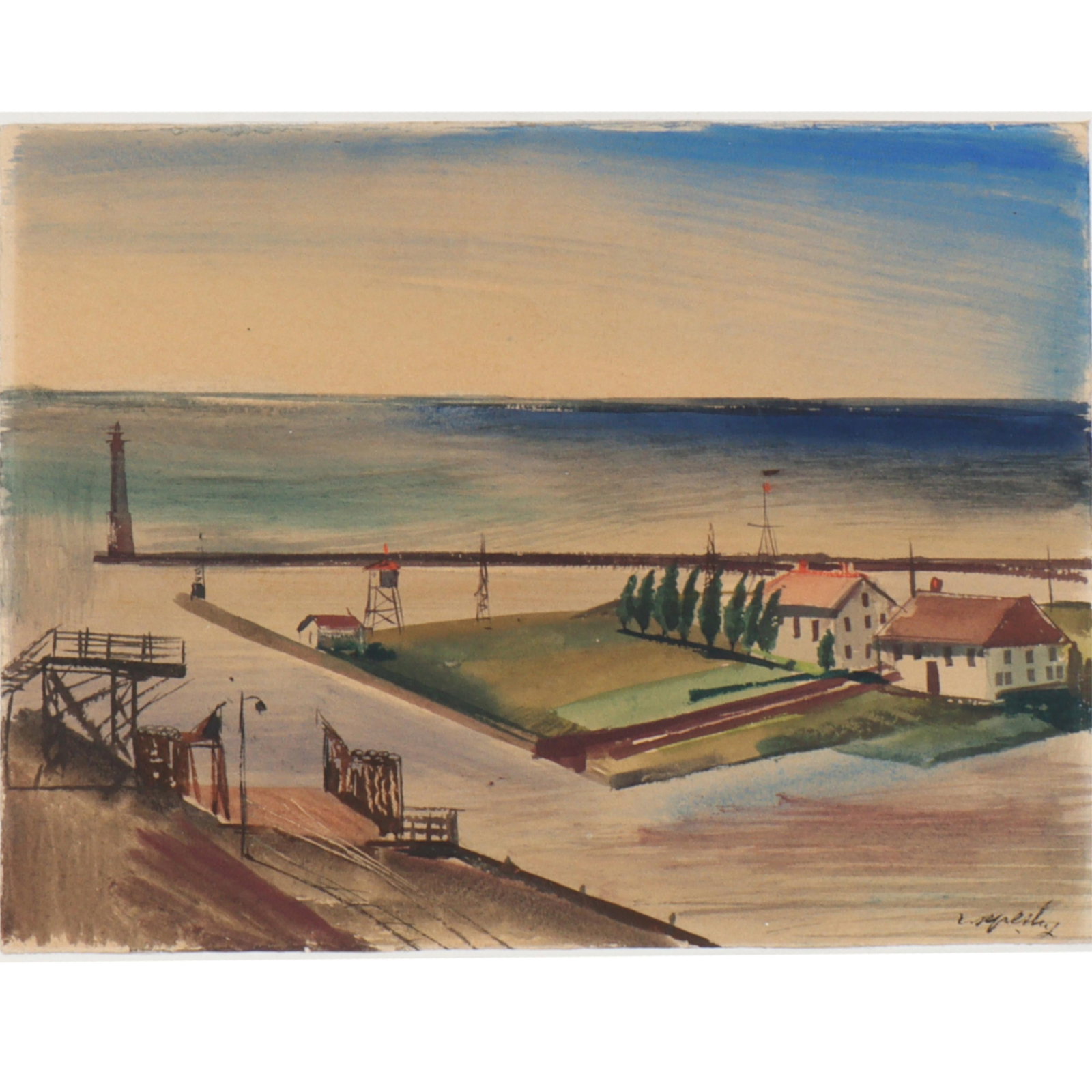 Zoltan Sepeshy, Michigan / Hungary (1898 - 1974), coastal pier, watercolor on paper, 9 3/4"H x 13"W,: Zoltan Sepeshy Michigan / Hungary (1898 - 1974) coastal pier watercolor on paper signed lower right. Biography from Muskegon Museum of Art The following biographical information, published on Traditio