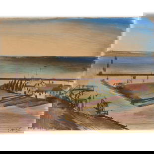 Zoltan Sepeshy, Michigan / Hungary (1898 - 1974), coastal pier, watercolor on paper, 9 3/4"H x 13"W,: Zoltan Sepeshy Michigan / Hungary (1898 - 1974) coastal pier watercolor on paper signed lower right. Biography from Muskegon Museum of Art The following biographical information, published on Traditio
