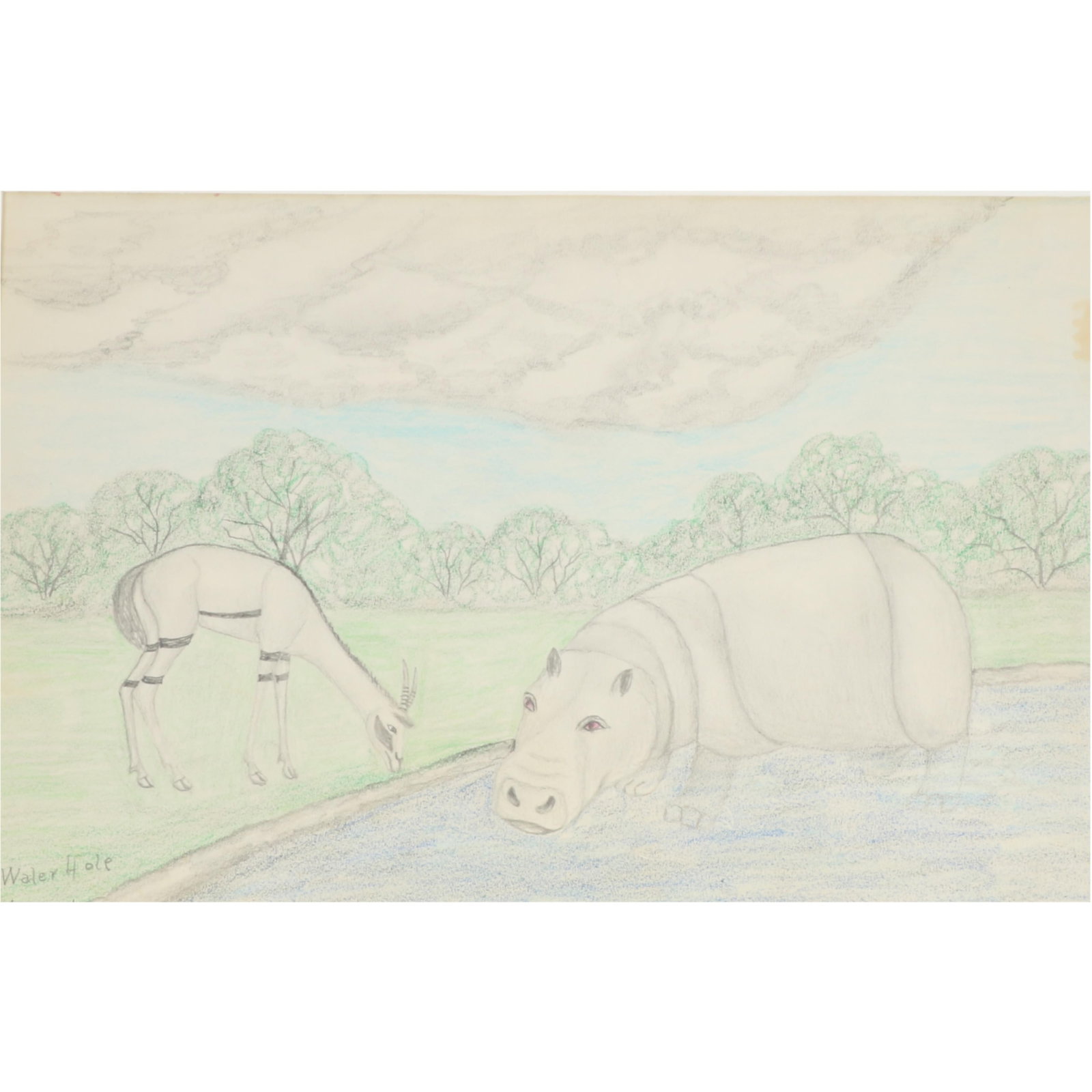 Lawrence Lebduska, New York, Maryland / Germany (1894 - 1966), watering hippo and antelope, 1961,: Lawrence Lebduska New York, Maryland / Germany (1894 - 1966) watering hippo and antelope, 1961 crayon and pencil on paper signed lower left. Biography from the Archives of askART: Born in Baltimore, M