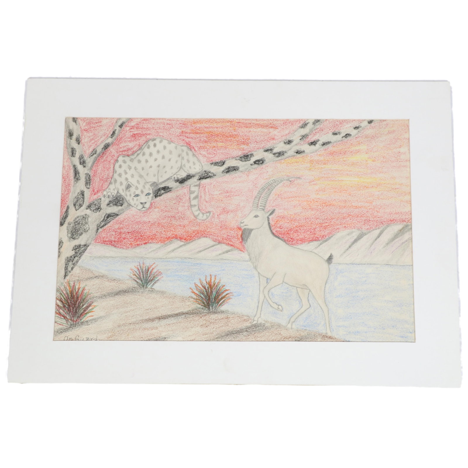 Lawrence Lebduska, New York, Maryland / Germany (1894 - 1966), "On Guard", leopard in a tree with: Lawrence Lebduska New York, Maryland / Germany (1894 - 1966) "On Guard", leopard in a tree with antelope on a river bank, 1961 crayon and pencil on paper signed lower left. Biography from the Archives