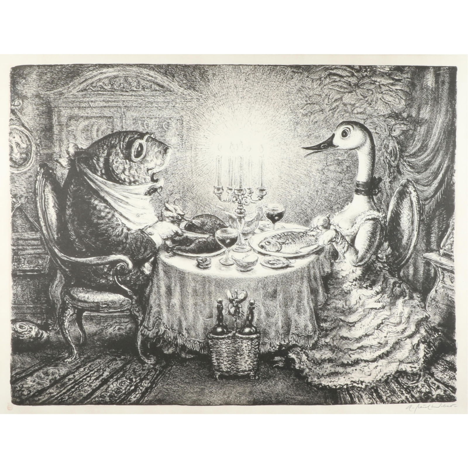 Andreas Paul Weber, German (1893-1980), Der Festschmaus, lithogrpah, 17"H x 22"W (Plate), 25 1/4"H x: Andreas Paul Weber German (1893-1980) Der Festschmaus lithogrpah pencil signed, titled, and numbered. Biography from Auctionata Andreas Paul Weber attended, for a short period of time, the Kunstgewerb