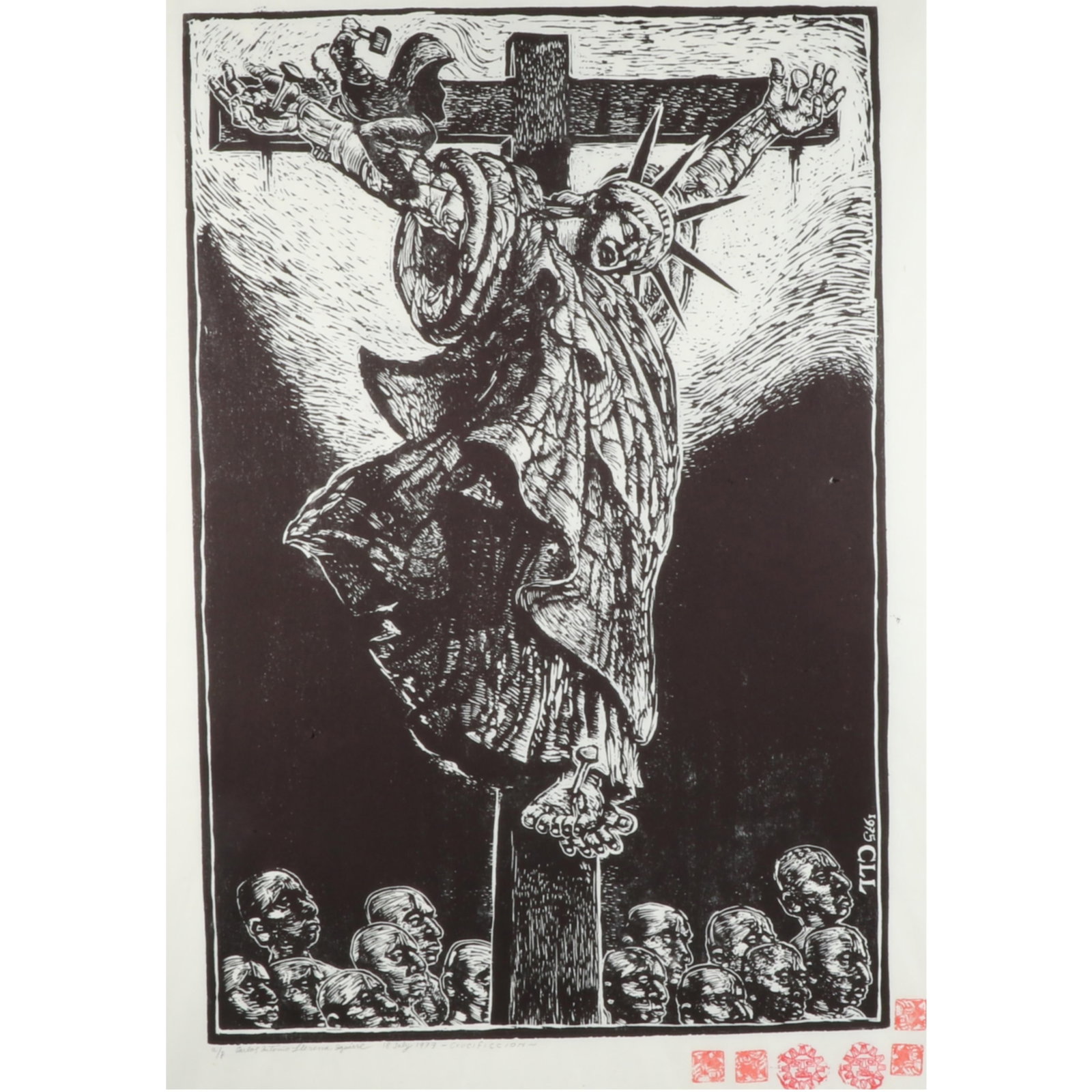 Carlos Antonio Lorena Aguirre, Colombia (b.1968), Crucificcion, Statue of Liberty, 1977, linocut,: Carlos Antonio Lorena Aguirre Colombia (b.1968) Crucificcion, Statue of Liberty, 1977 linocut pencil signed, titled, dated, and numbered, artist proof. 22"H x 14 3/4"W (Plate), 30 3/4"H x 23 1/4"W (Sh