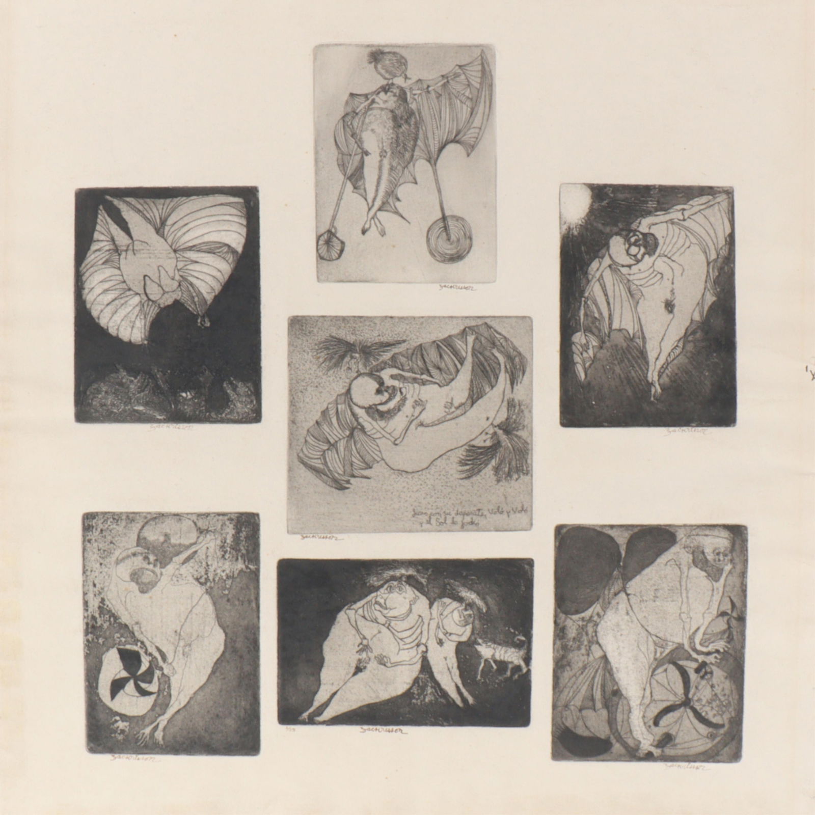 Julio Augusto Zachrisson, Panama / Spain (1930 - 2021), Untitled, Seven surrealist etchings on uncut (1 of 8)