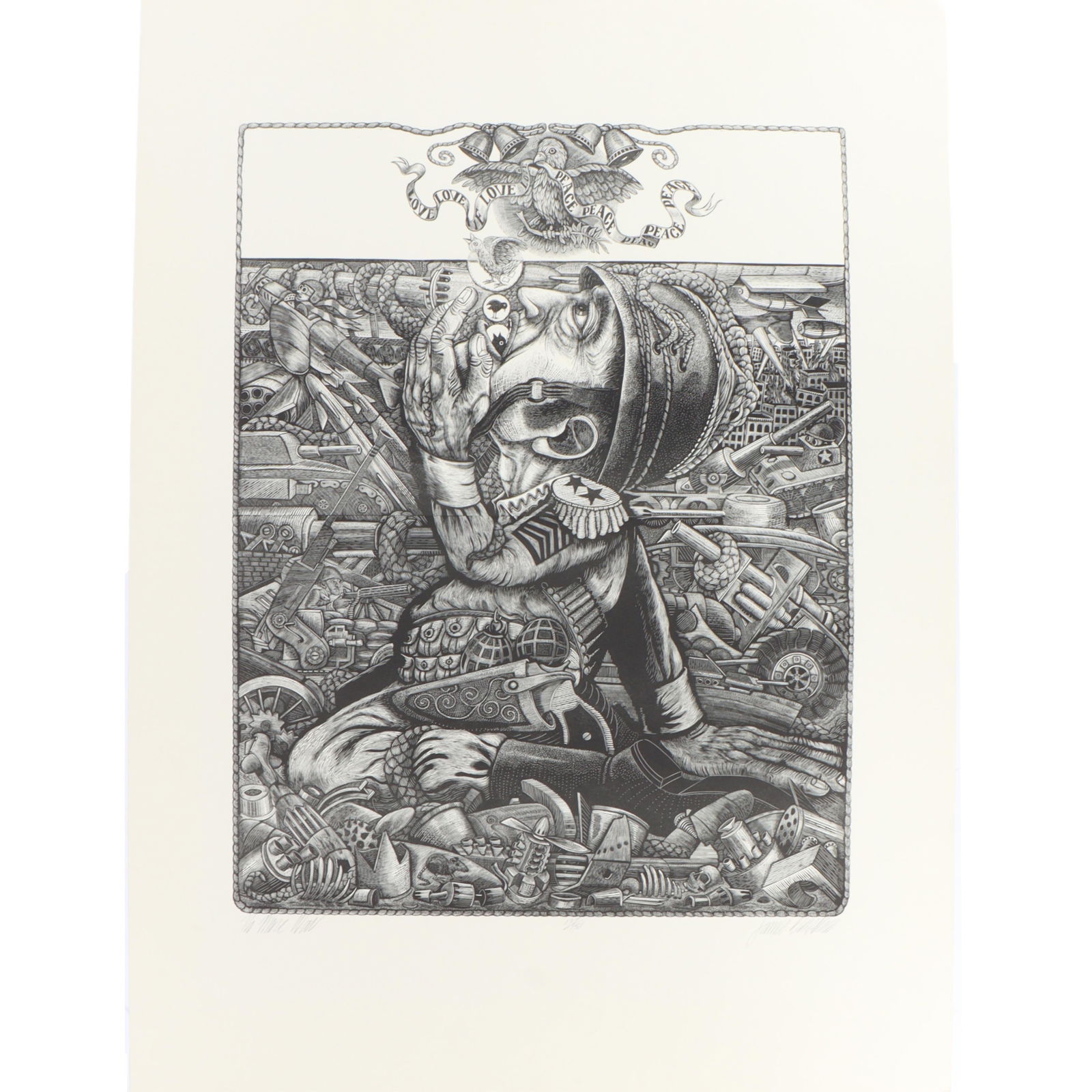 James Grashow, New York (b. 1942), No More War, 1968, lithograph of woodcut, 35"H x 26"W: James Grashow New York (b. 1942) No More War, 1968 lithograph of woodcut Pencil signed lower right. Numbered 127/150. Biography from JamesGrashow.com: James Grashow was born in Brooklyn in 1942 and ha