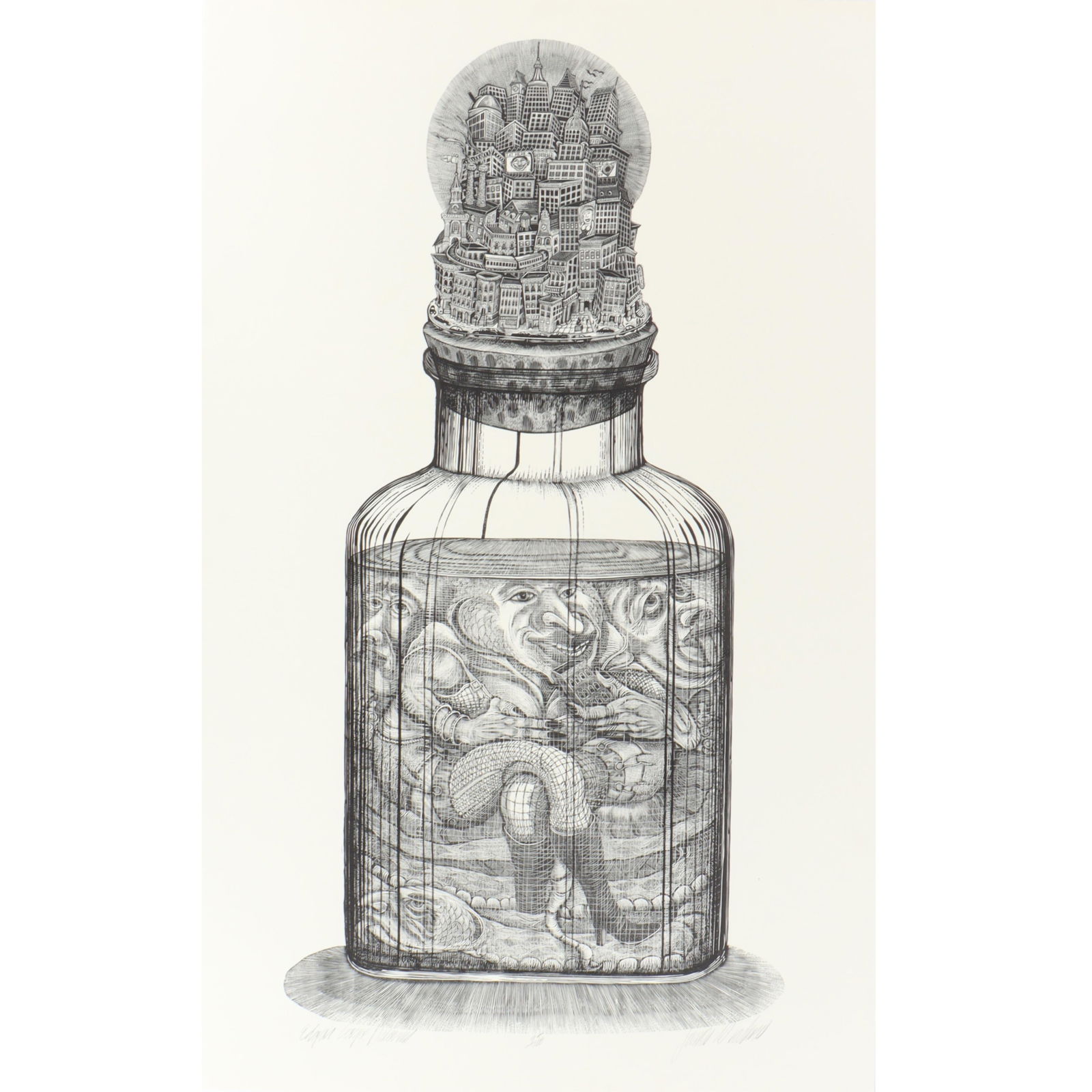 James Grashow, New York (b. 1942), Edgar Cayce Dreams, lithograph of woodcut, 35 1/2"H x 22"W: James Grashow New York (b. 1942) Edgar Cayce Dreams lithograph of woodcut Pencil signed lower right. Numbered 95/100. Biography from JamesGrashow.com: James Grashow was born in Brooklyn in 1942 and ha