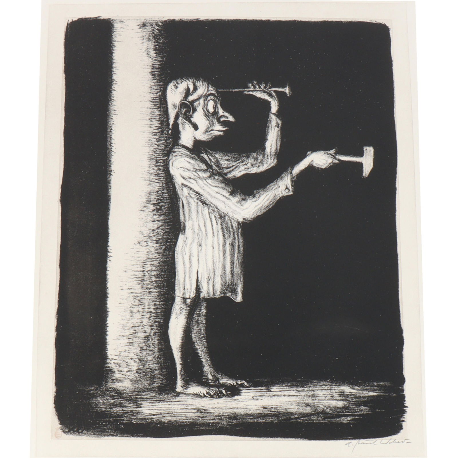 Andreas Paul Weber, German (1893-1980), Der Schlag in Leere, lithogrpah, 30 1/4"H x 25 1/4"W: Andreas Paul Weber German (1893-1980) Der Schlag in Leere lithogrpah pencil signed, titled, and numbered. Biography from Auctionata: Andreas Paul Weber attended, for a short period of time, the Kunstg