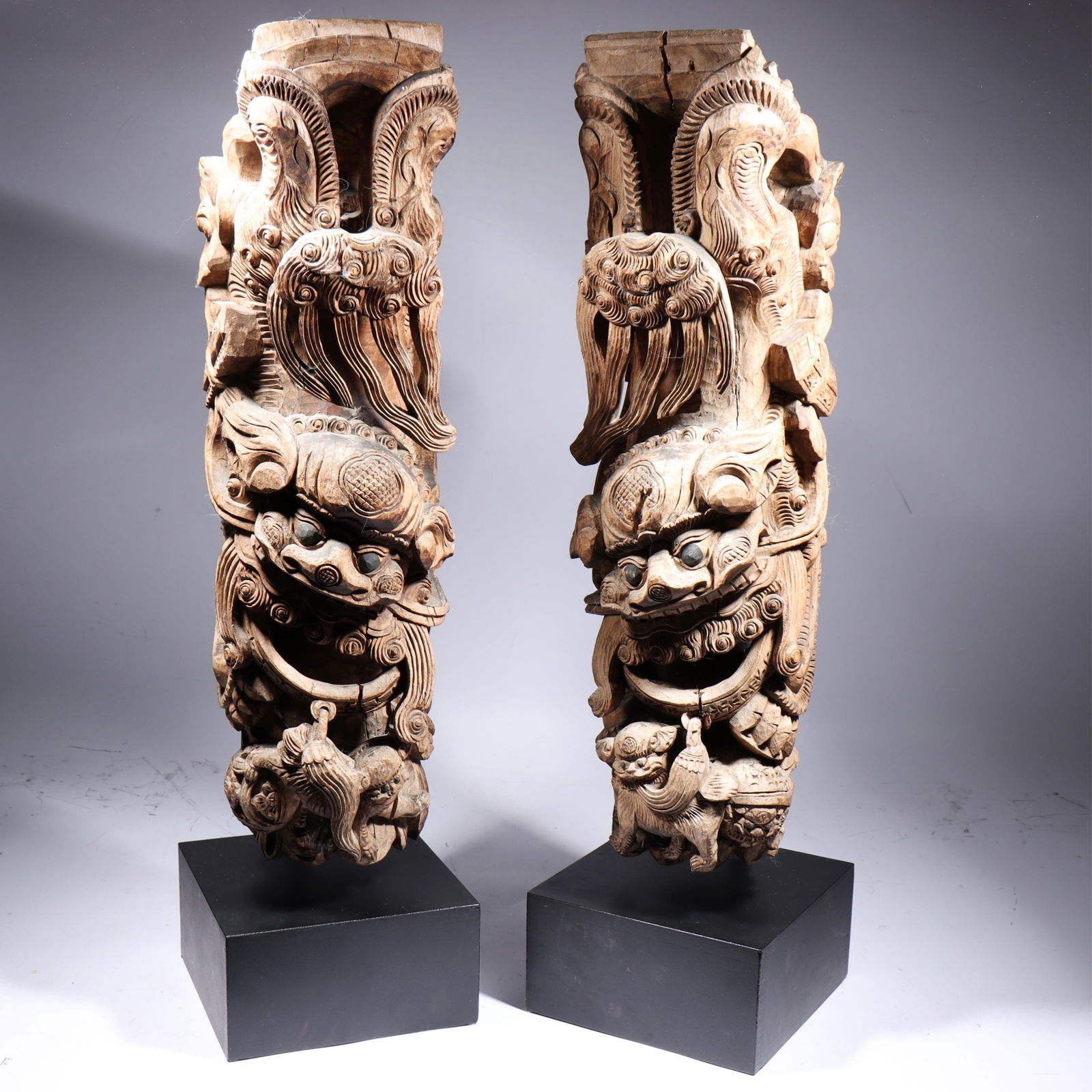 Pair Southeast Asian or Chinese Qing Dynasty Foo Dog / Lion architectural carved wood temple (1 of 14)