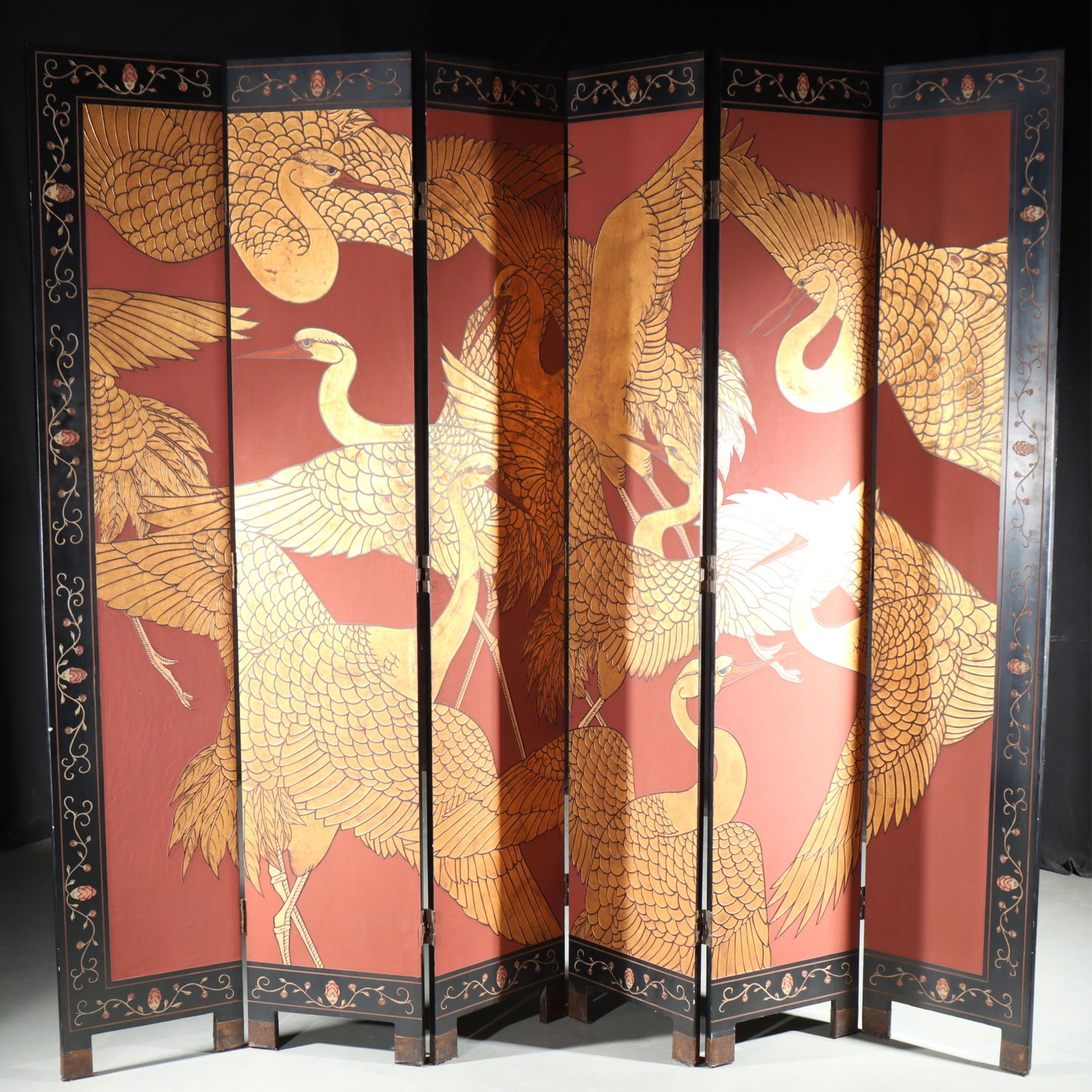 Japanese 20th Century red and black lacquered 6 panel folding screen with gilt crane motif. 84"H x (1 of 9)