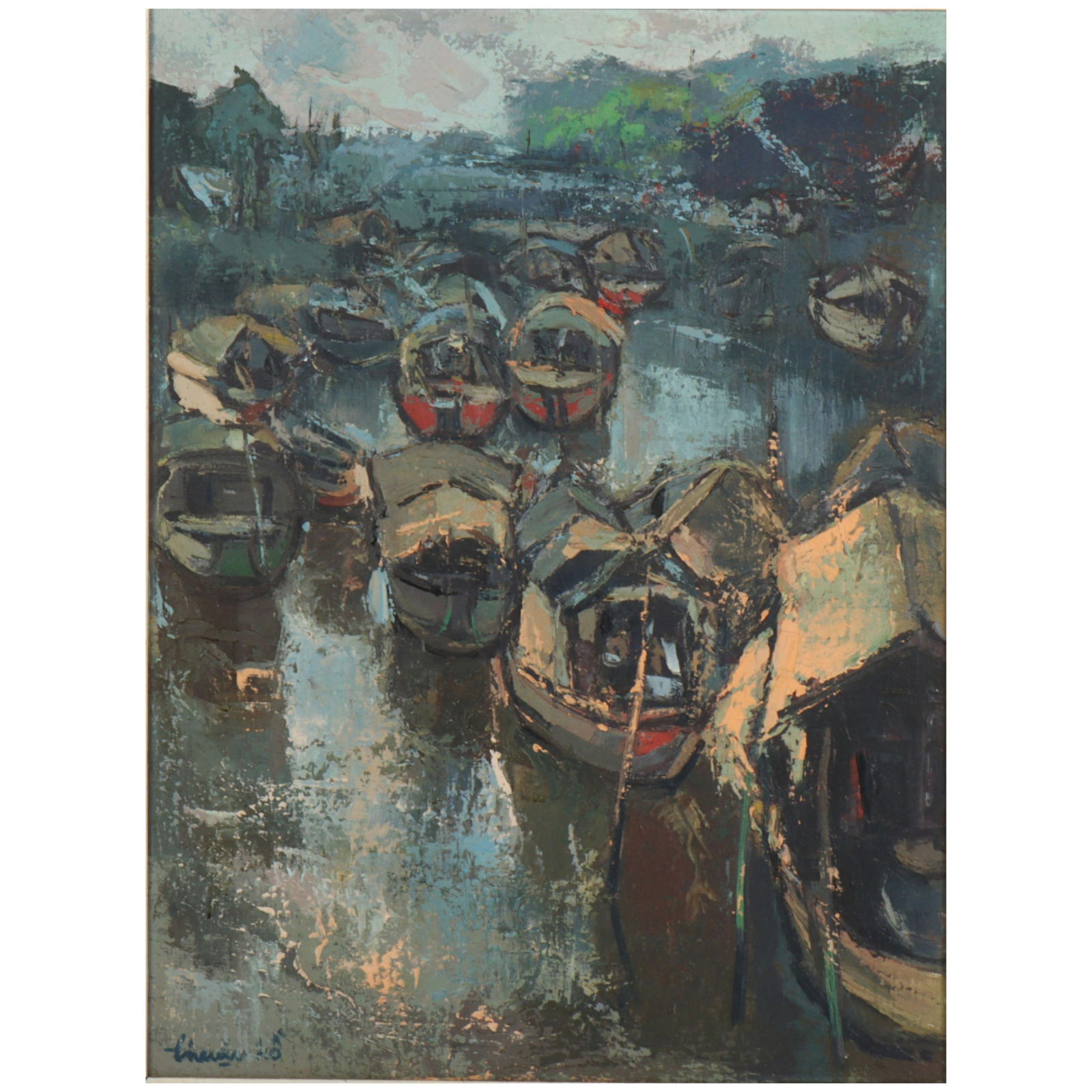 Thuan Ho, Vietnamese (1920 - 2008), river boats harbor scene, oil on canvas, 24"H x 18"W (1 of 8)