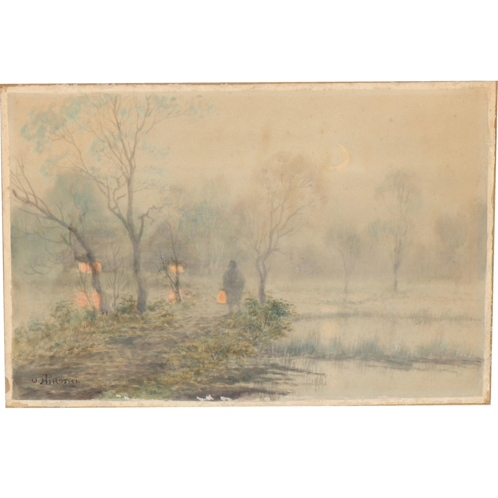 O. Hiroshi, Japanese (20th century), landscape with figures and lanterns, watercolor on paper laid: O. Hiroshi Japanese (20th century) landscape with figures and lanterns watercolor on paper laid on board Signed lower left. 13 1/2"H x 20 1/4"W(paper), 19"H x 26"W(mat)