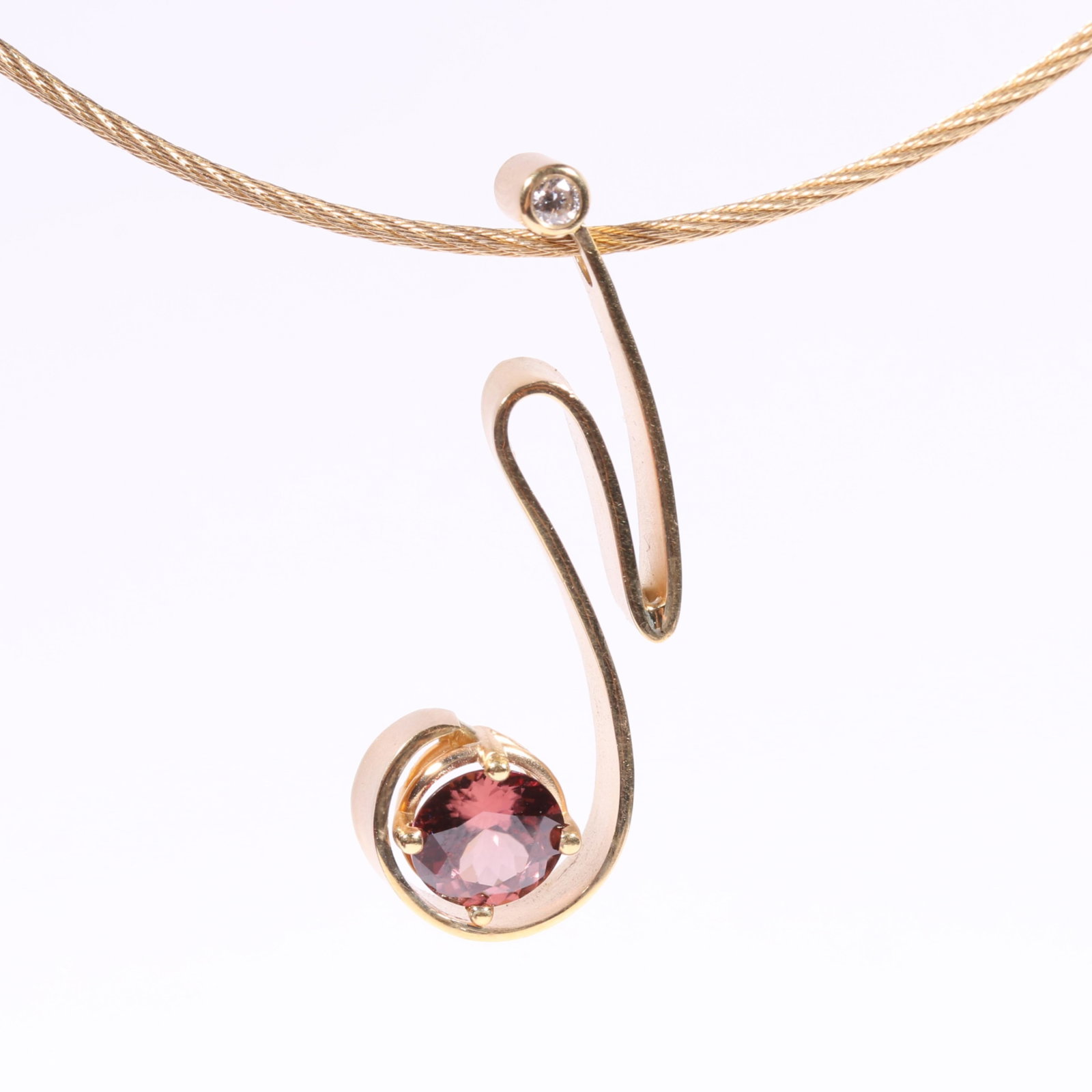 18K yellow gold modernist pink zircon and diamond pendant on 14K yellow gold wire chain. (1 of 12)