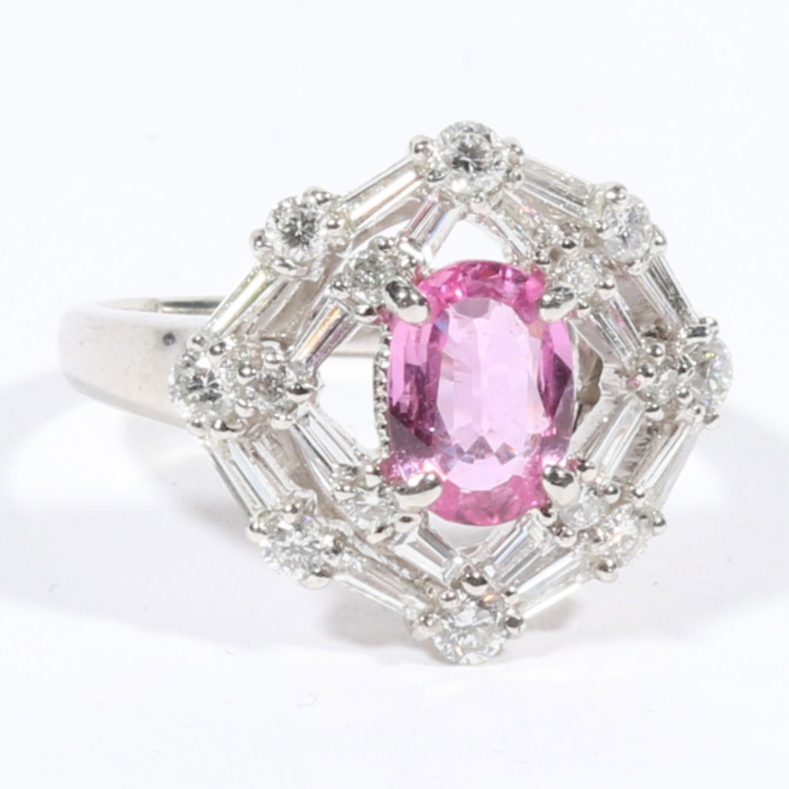 .900 Platinum pink sapphire and diamond ring. Sapphire is approximately 1.26 ct. and 8.25mm x 5.85mm (1 of 9)