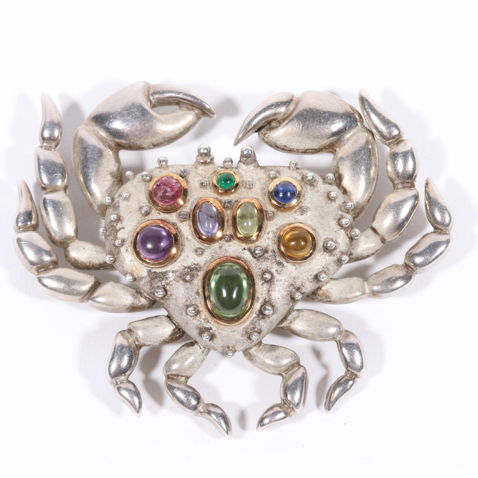 Tiffany & Co. sterling silver figural crab brooch with gemstone cabochon accents. 2"H x 2 1/2"W (1 of 14)