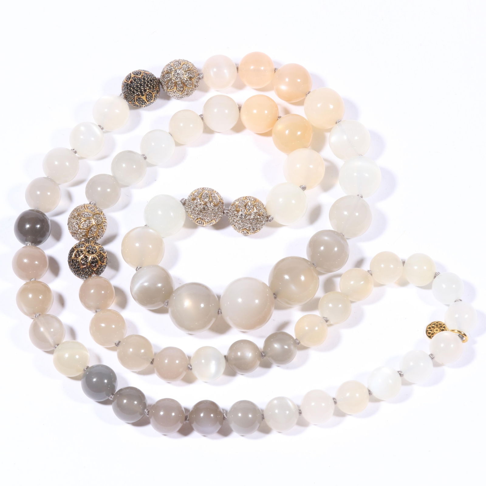 Buddha Mama necklace with 20K gold, diamond, and black diamond? floral beads and graduated moonstone: Buddha Mama necklace with 20K gold, diamond, and black diamond? floral beads and graduated moonstone beads. 12mm gold (diamond beads) The purchase of gold requires confirmed funds. 27"L x 5/8"W