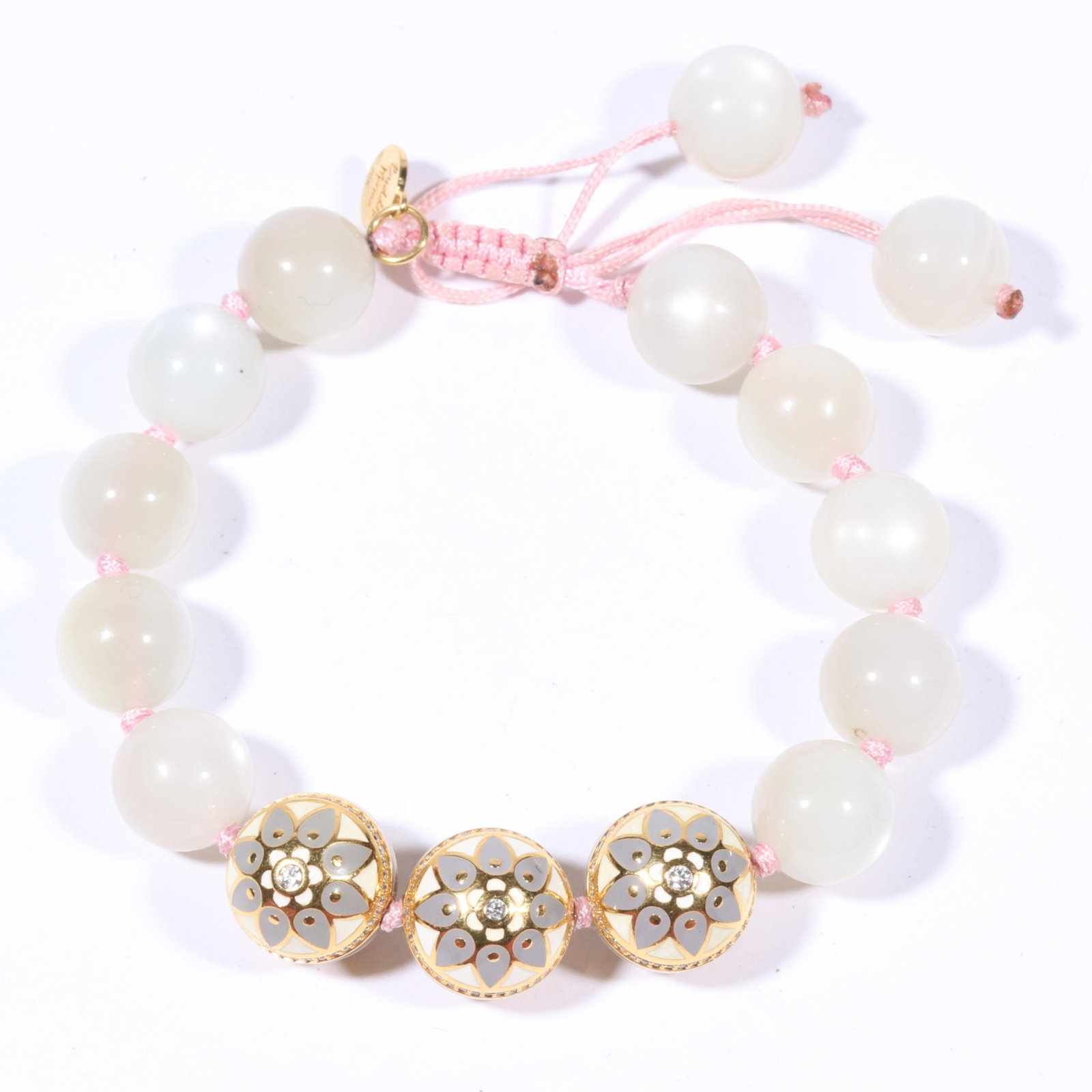 Buddha Mama 20K gold diamond flower design enameled beads and hang tag with white moonstone beads on: Buddha Mama 20K gold diamond flower design enameled beads and hang tag with white moonstone beads on pink adjustable cord. 12mm (moonstone beads) 14mm (gold bead) The purchase of gold requires confirm