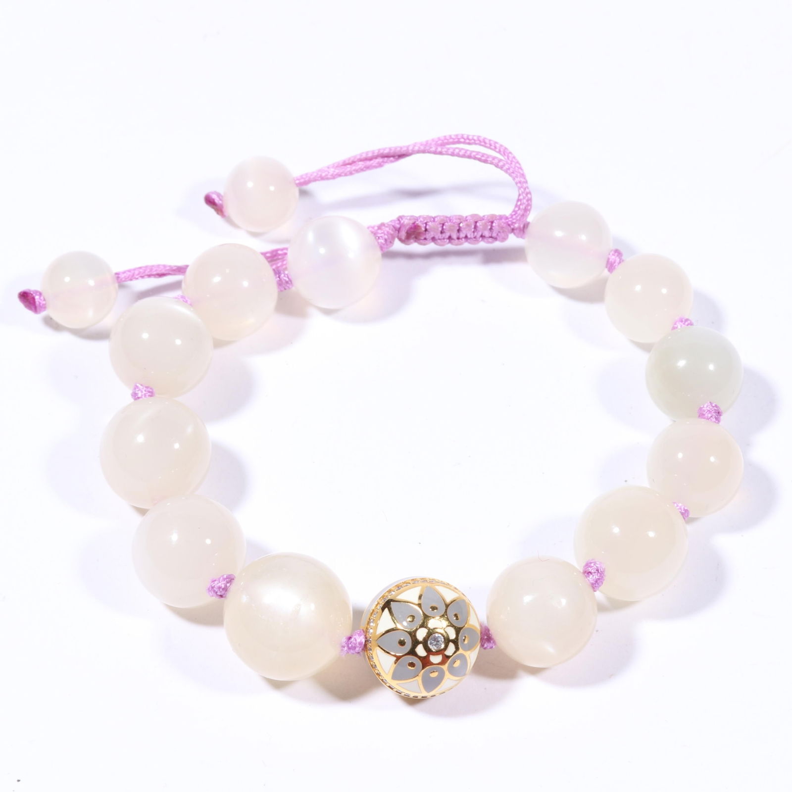 Unsigned Buddha Mama bracelet with 20K gold diamond enameled bead and graduated white moonstone (1 of 10)