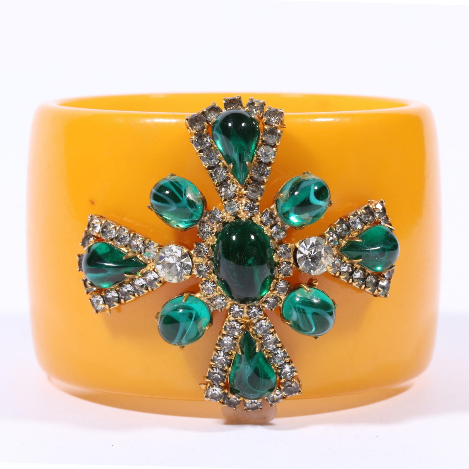 HUGE Unsigned Chanel haute couture butterscotch Bakelite bangle bracelet adorned with emerald green (1 of 8)