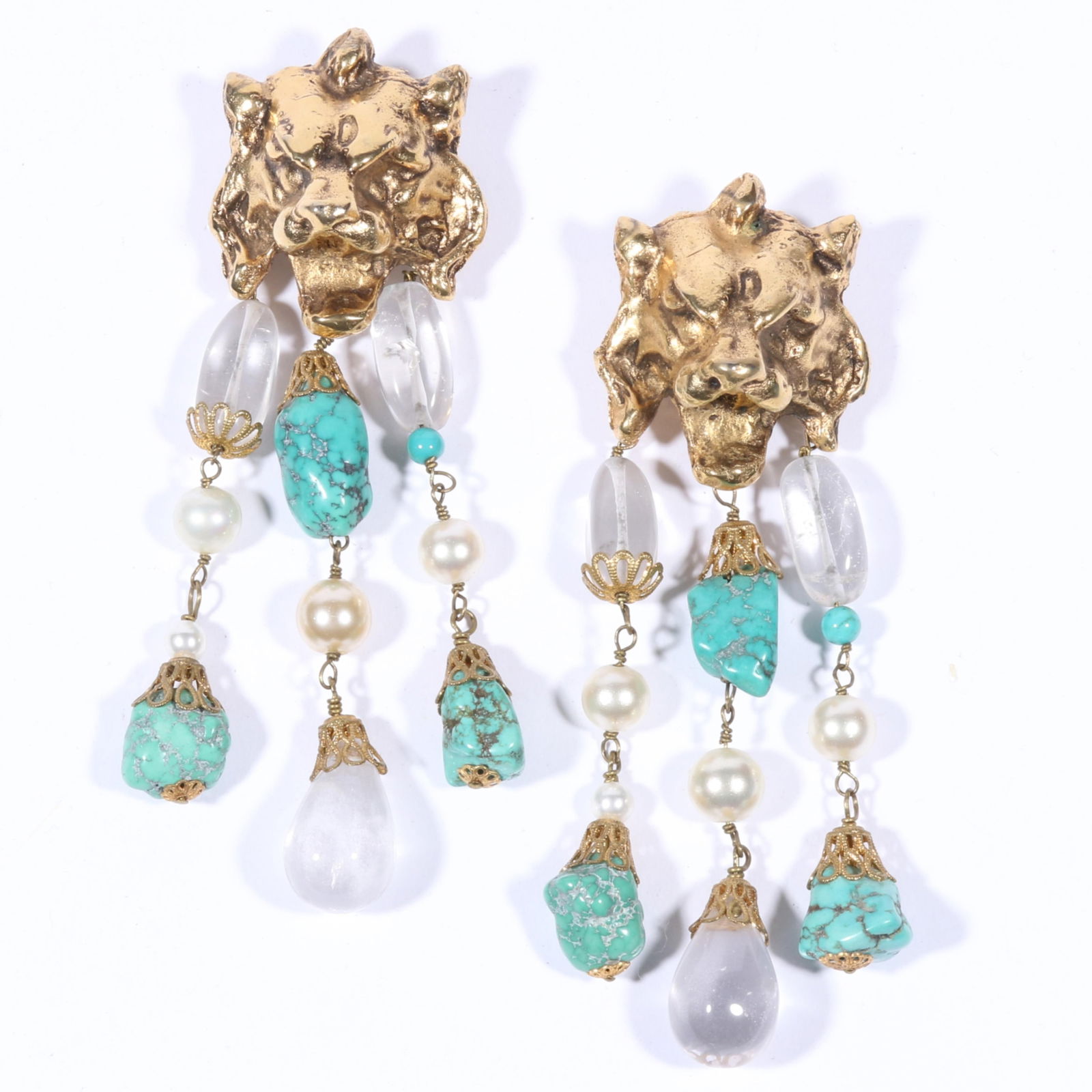 Les Paruriers designer couture figural lion turquoise and rock crystal drop earrings with faux pearl (1 of 9)