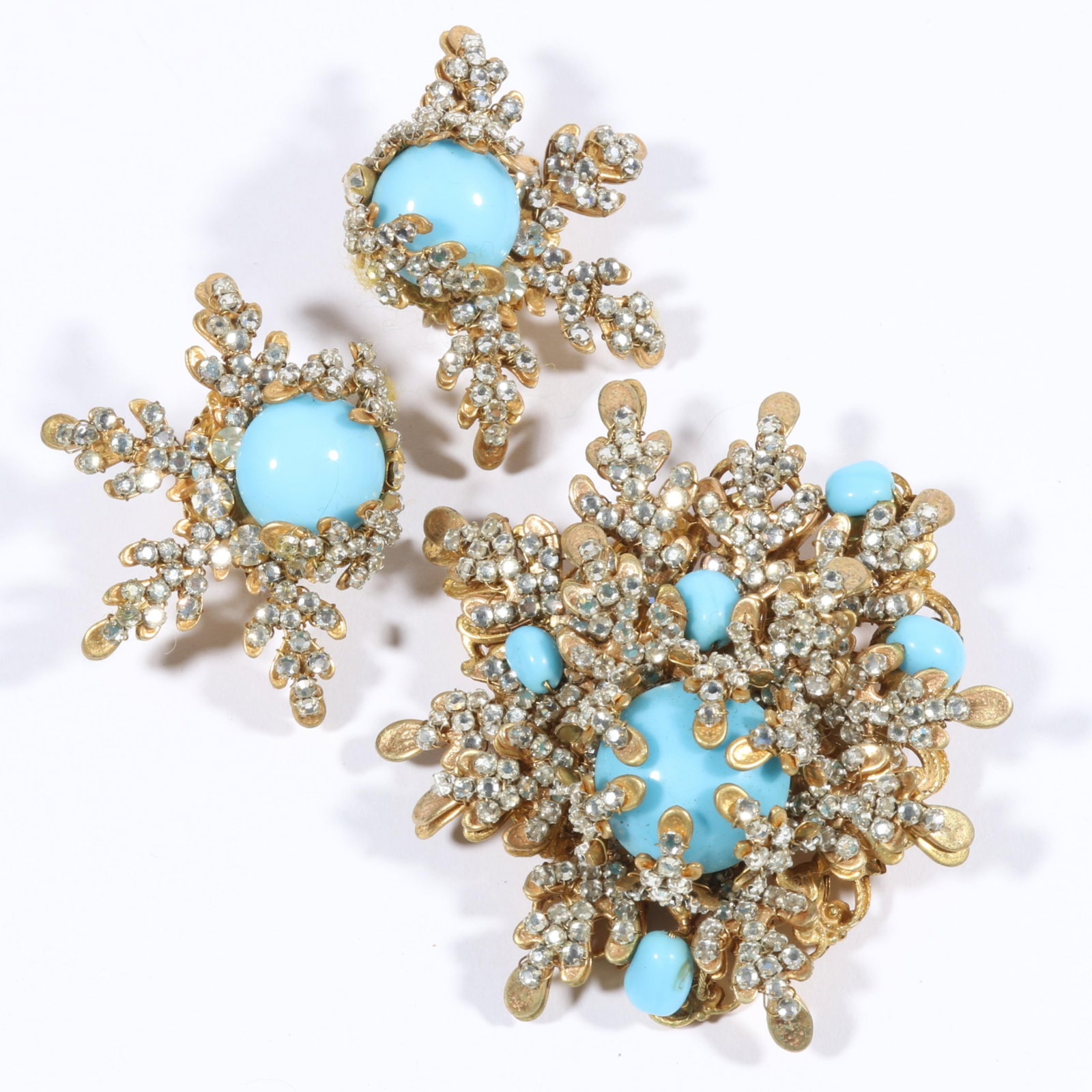 Miriam Haskell heavily dimensional demi parure: robin's egg blue glass cabochons surrounded by (1 of 12)