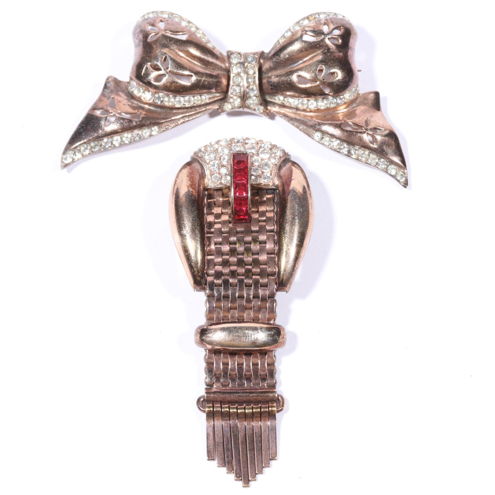 Art Deco Retro sterling vermeil bow brooch and unmarked buckle fur clip with invisibly set ruby red (1 of 10)