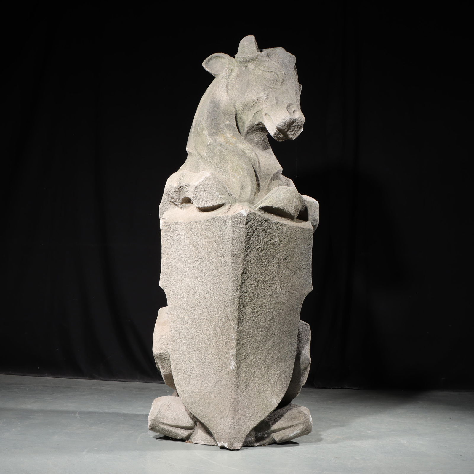 Heraldic Bovine Cow Guardian Statue; full body gargoyle/grotesque cloven hoofed beast with shield: (1 of 11)