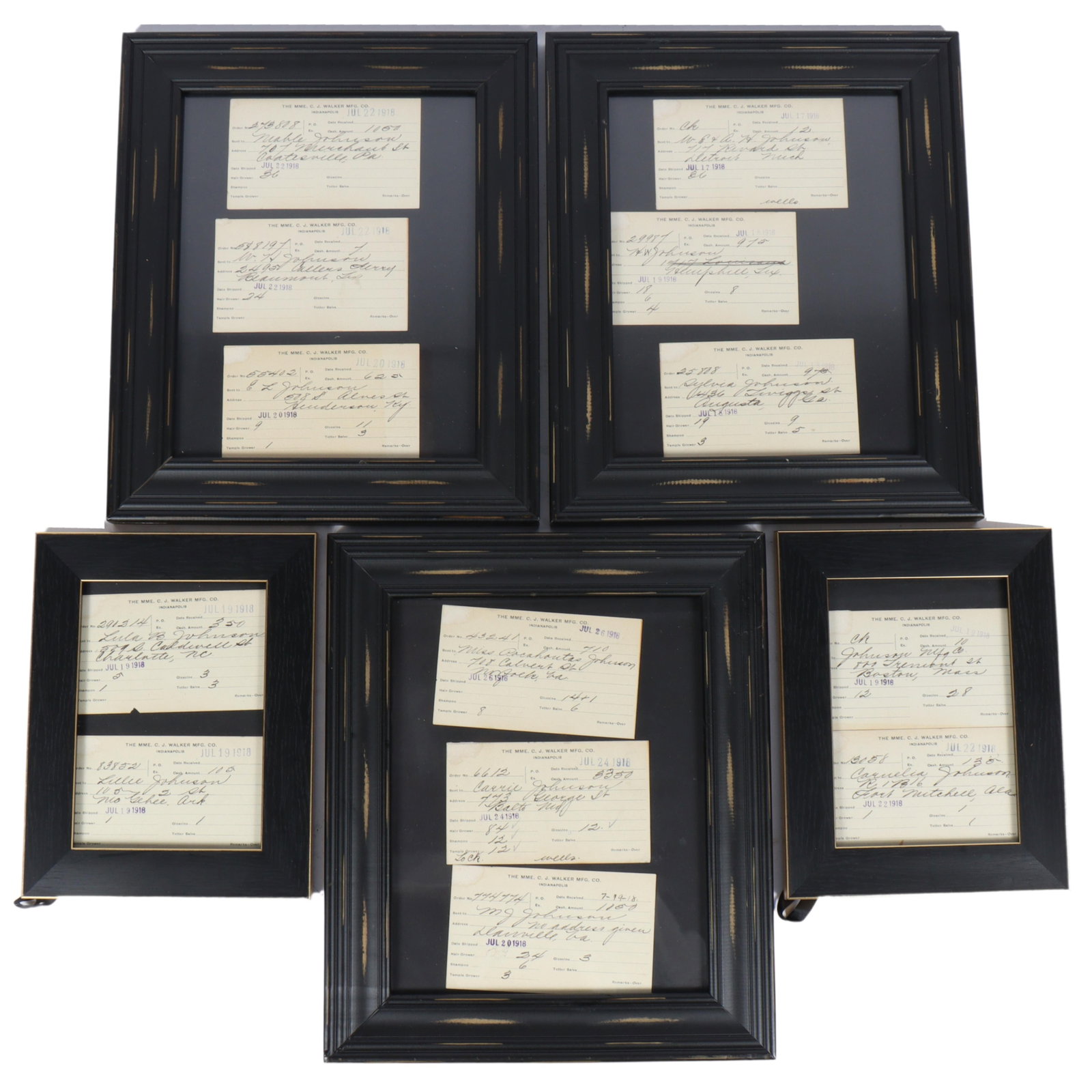 13 Original 1918 Mme. C.J. Walker Mfg. Co. Order File Cards 13"H x 11"W - one larger frame: 13 Original 1918 Mme. C.J. Walker Mfg. Co. Order File Cards These 13 original Mme. C.J. Walker MFG. Co. order file cards range in date from July 17th of 1918 to July 26th of the same year. Not only to
