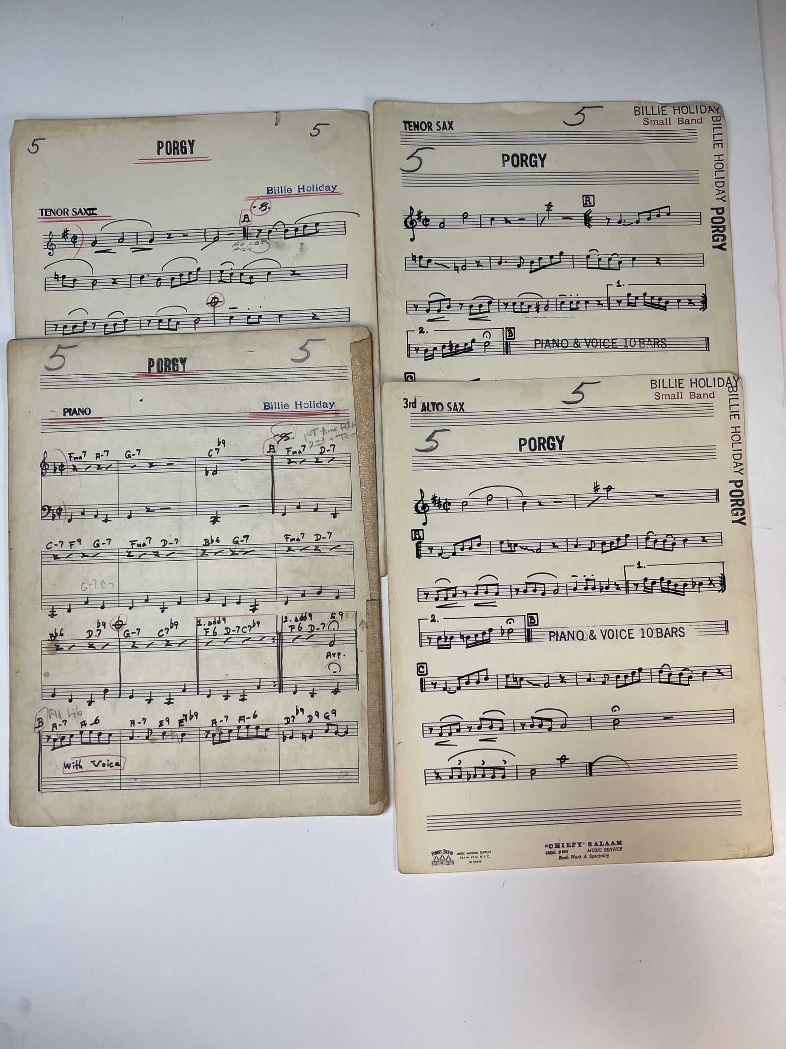 Louis McKay archive and estate papers, husband of Eleanor McKay aka Billie Holiday, 4 band charts (1 of 4)