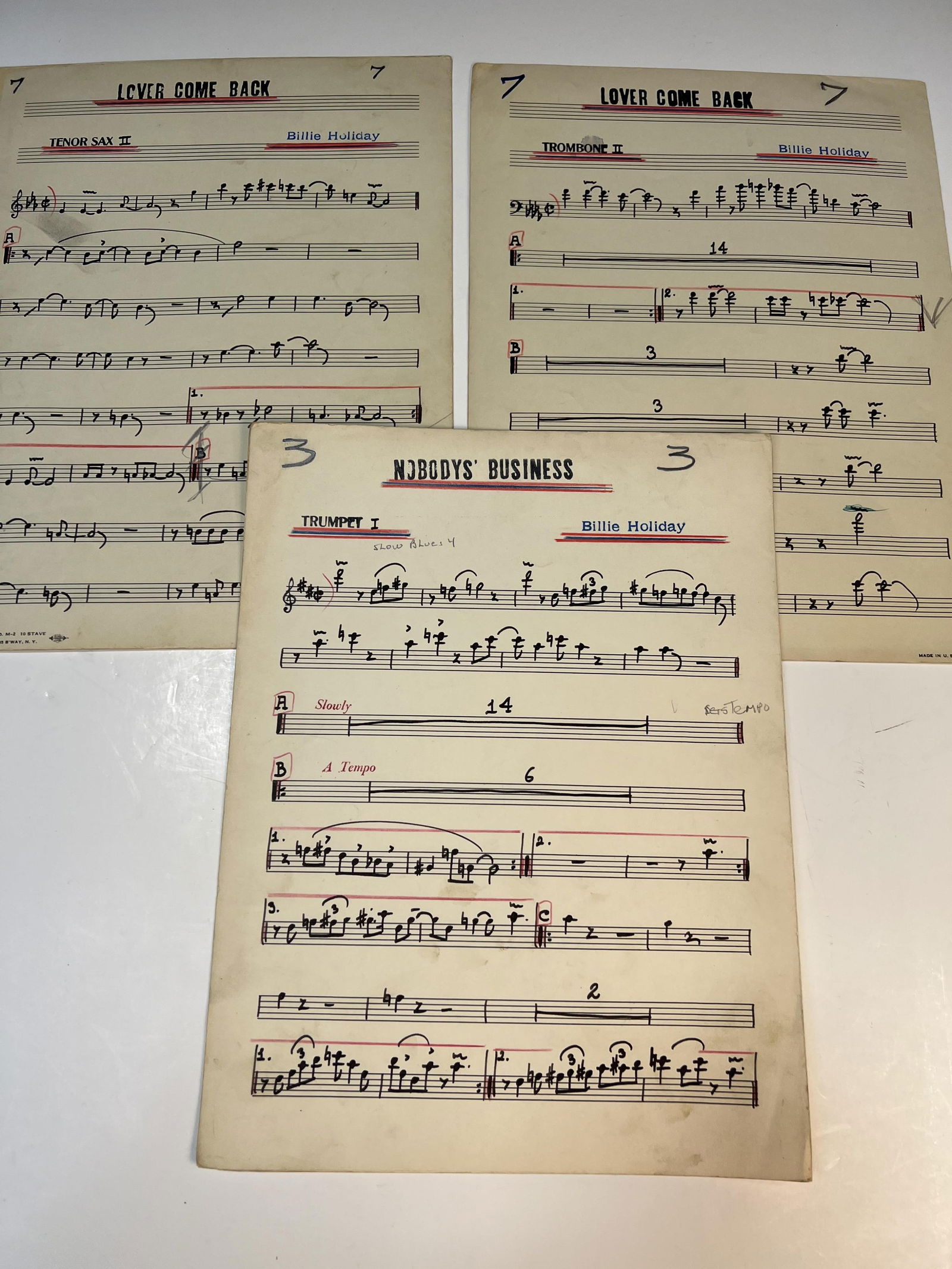 3 Lady Day band charts “Lover Come Back?? and “Nobody’s Business?? trumpet, trombone, tenor (1 of 6)