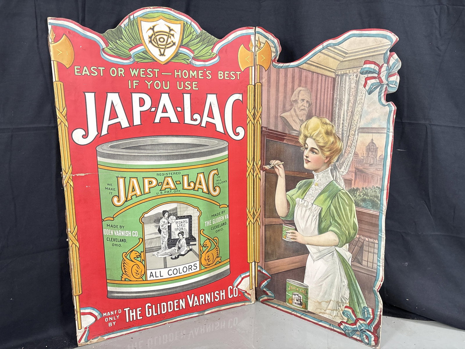 1908 Cardboard Jap-A-Lac The Glidden Varnish Co Folding Country Store Sign 42"W x 30"H (Unfolded): 1908 Cardboard Jap-A-Lac The Glidden Varnish Co Folding Country Store Sign Looks to be missing a 3rd panel. 42"W x 30"H (Unfolded)