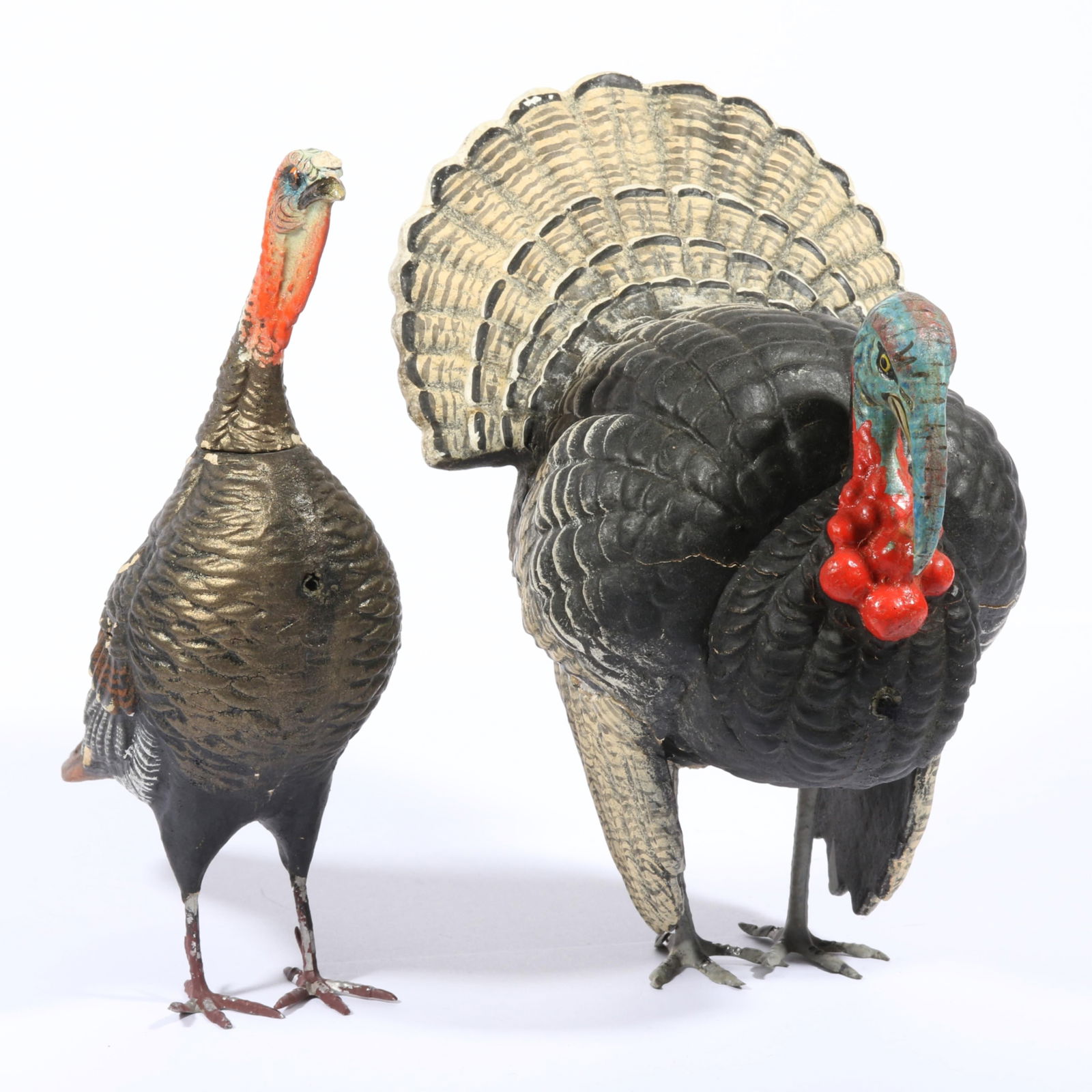 Pair of Antique German 1920s papier mache figural turkey candy containers. 7 3/4"H x 4 1/4"W x 6 (1 of 20)