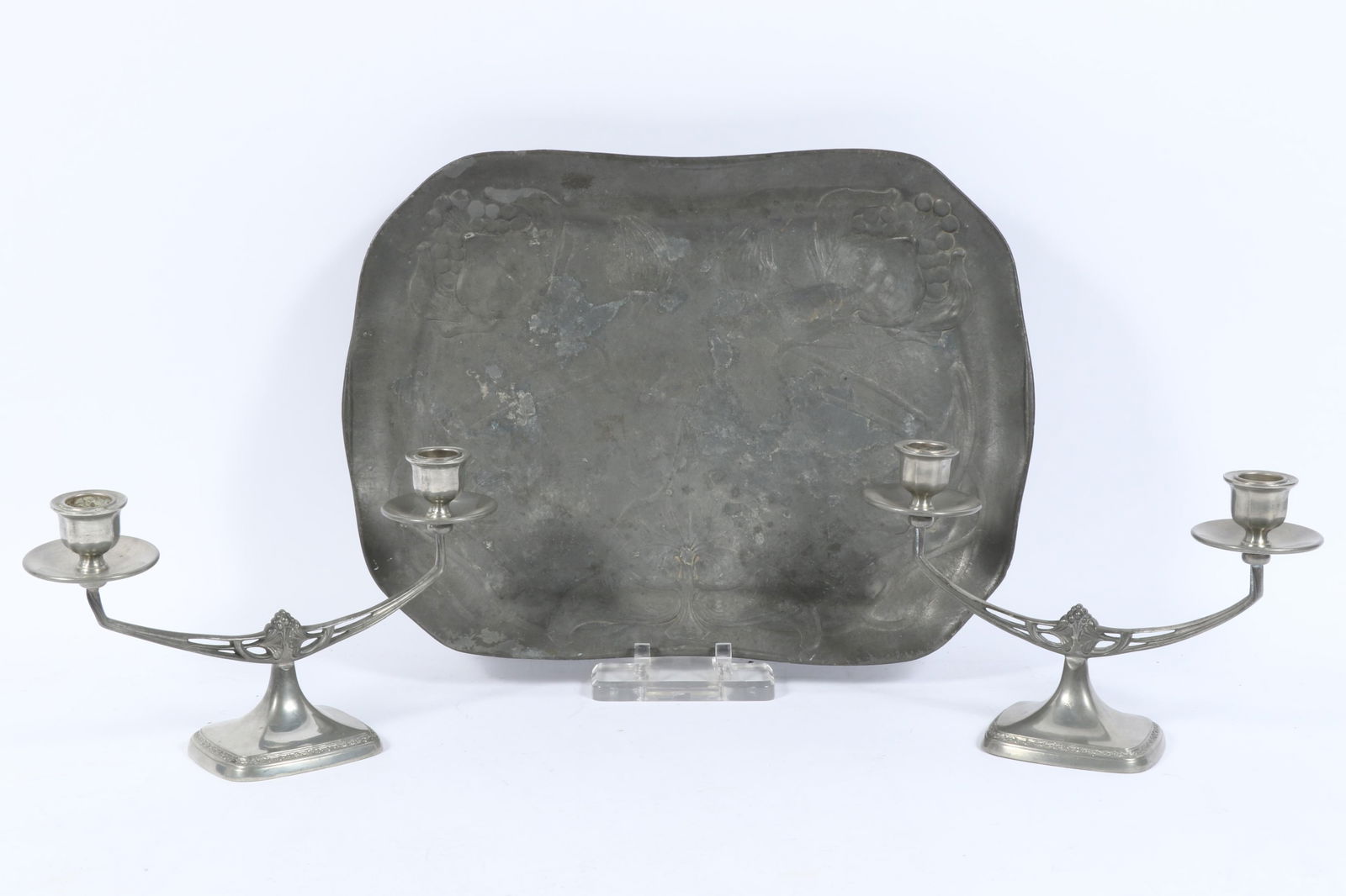 Pewter Candlesticks & Kayserzinn Tray Tray 17 1/2" x 12": Pewter Candlesticks & Kayserzinn Tray Pair Double branched Art Nouveau Pewter candlesticks, impressed mark "Pogues Pewter 253" w/stylized leaf and berry motif. Large tray has leaf and floral impressed