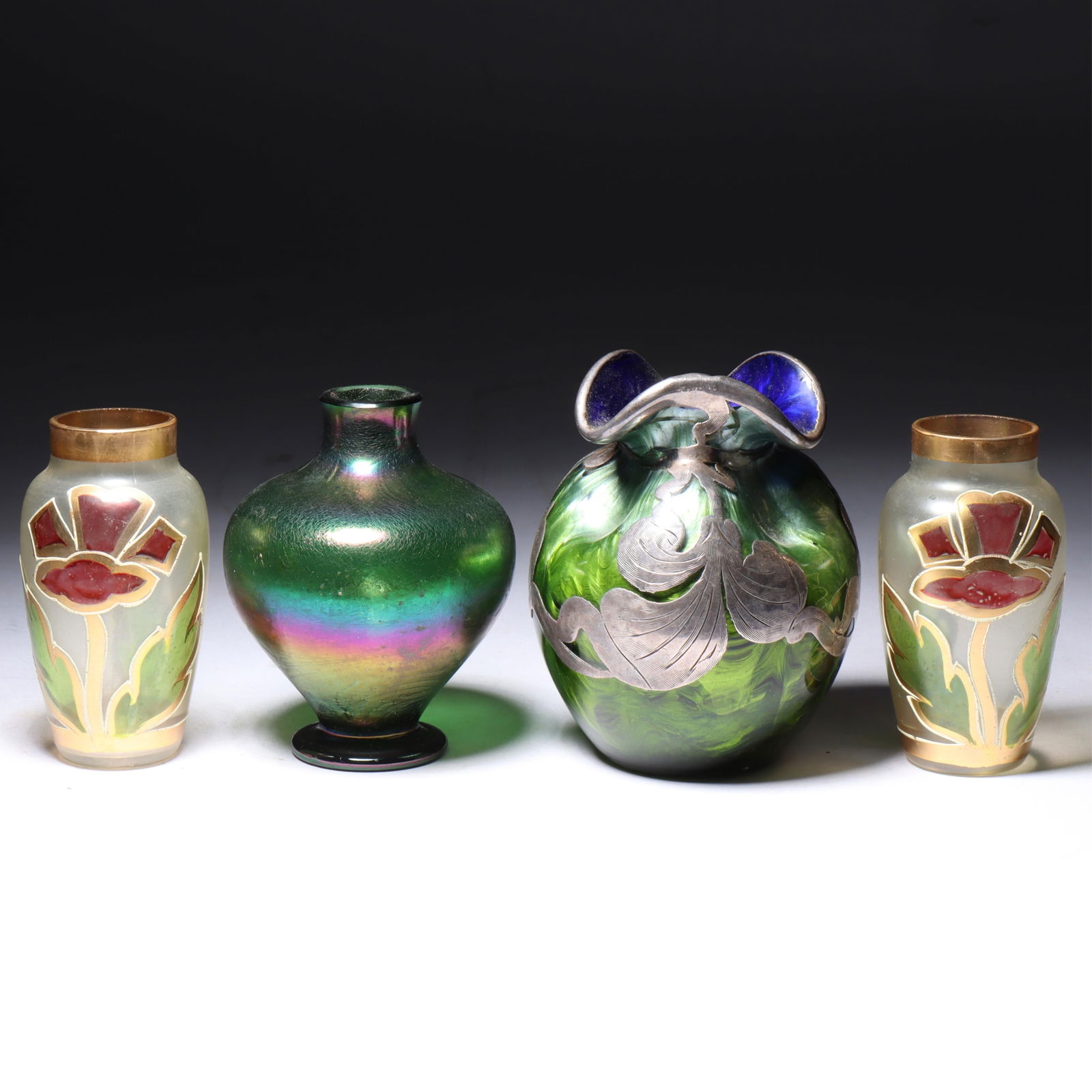 Four Iridescent Cabinet Vases 3 1/2"H (largest) (1 of 9)