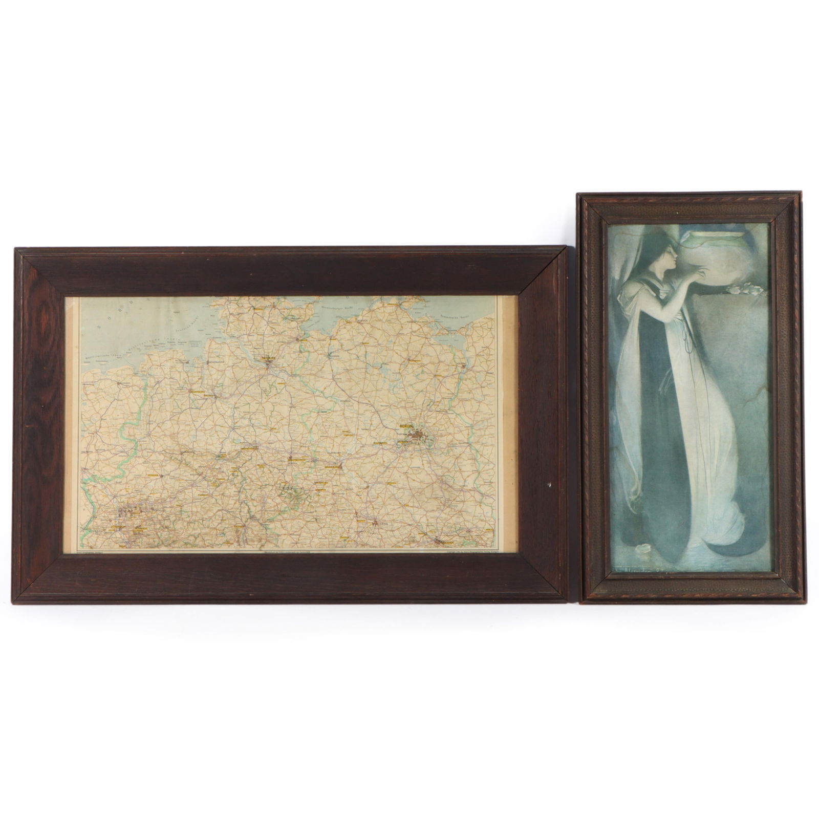 Two Arts & Crafts Frames 21"H x 32 1/2"W (Map): Two Arts & Crafts Frames "The Pot of Basil" by John White Alexander, 1897; print copyright 1906 by Horage & Turner Co. in 2" wood frame. 1954 Map of Germany in 3" molded oak frame. Provenance: Charles