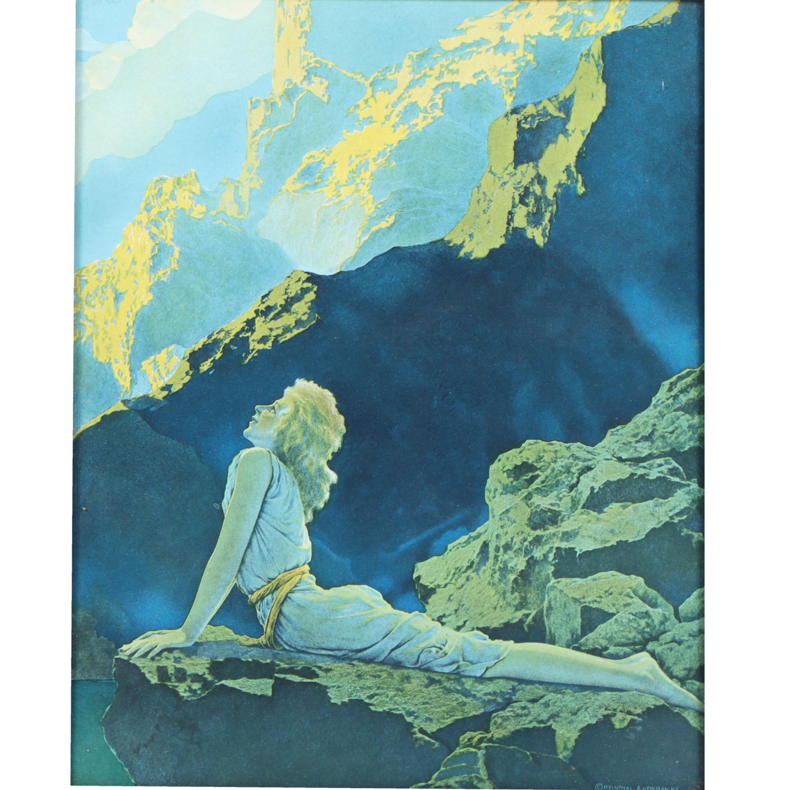 Maxfield Parrish, "Wild Geese", print, 14 1/4"H x 11 1/2"(sight), W17"H x 14"W(frame): Maxfield Parrish "Wild Geese" print Original 1924 Reinthal & Newman Print of maiden on rocks gazing heavenward: framed in 1 1/2" wide segmented A&C frame. Provenance: Charles Alexander, Indianapolis,