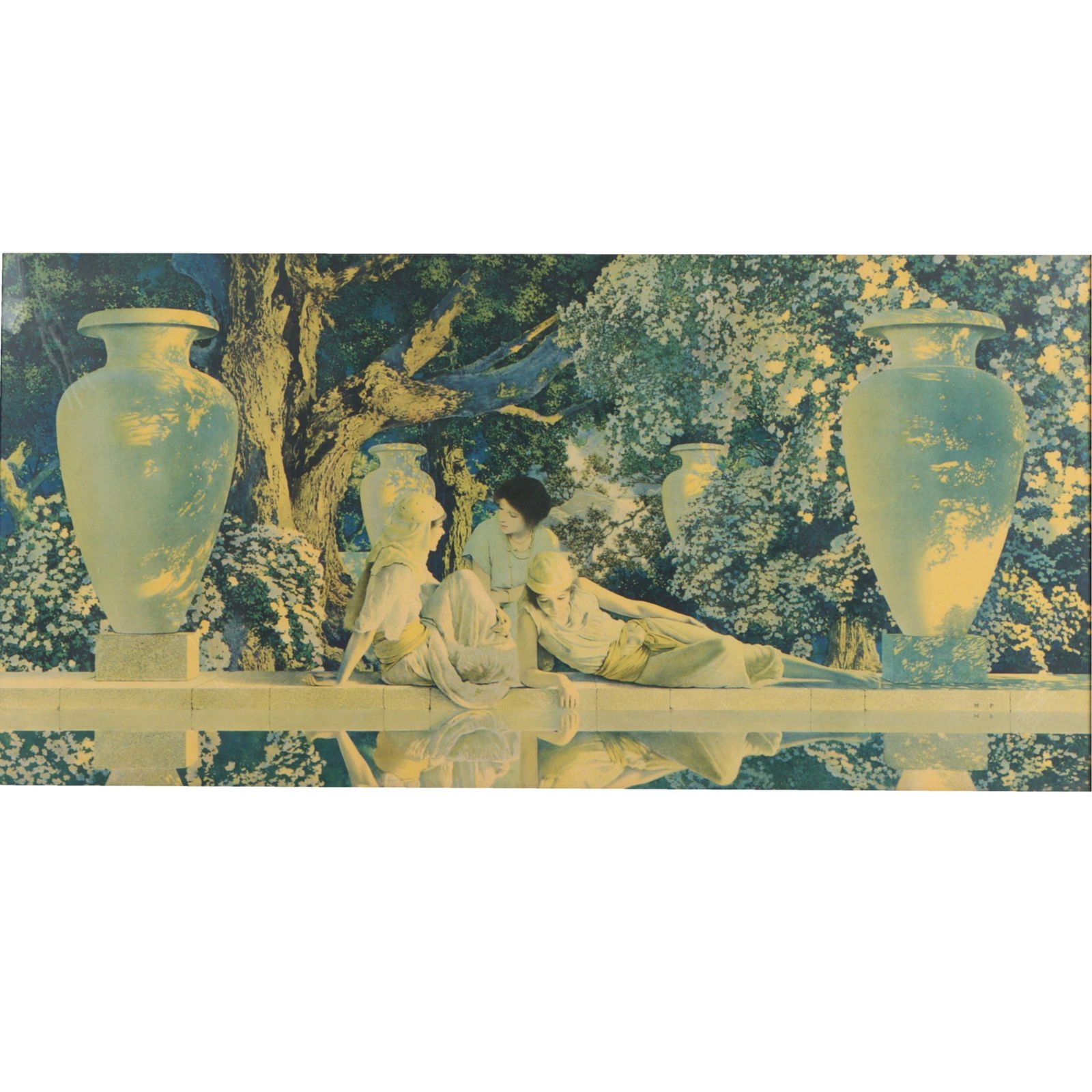 Maxfield Parrish "Garden of Allah" 14 3/4"H x 29 3/4"W(sight), 17 1/2"H x 32 1/2"W(frame): Maxfield Parrish "Garden of Allah" Surrounded by trees and huge urns, three Maidens contemplate life while gazing in a garden pool. Originally painted in 1917 to adorn chocolate boxes, this print beca