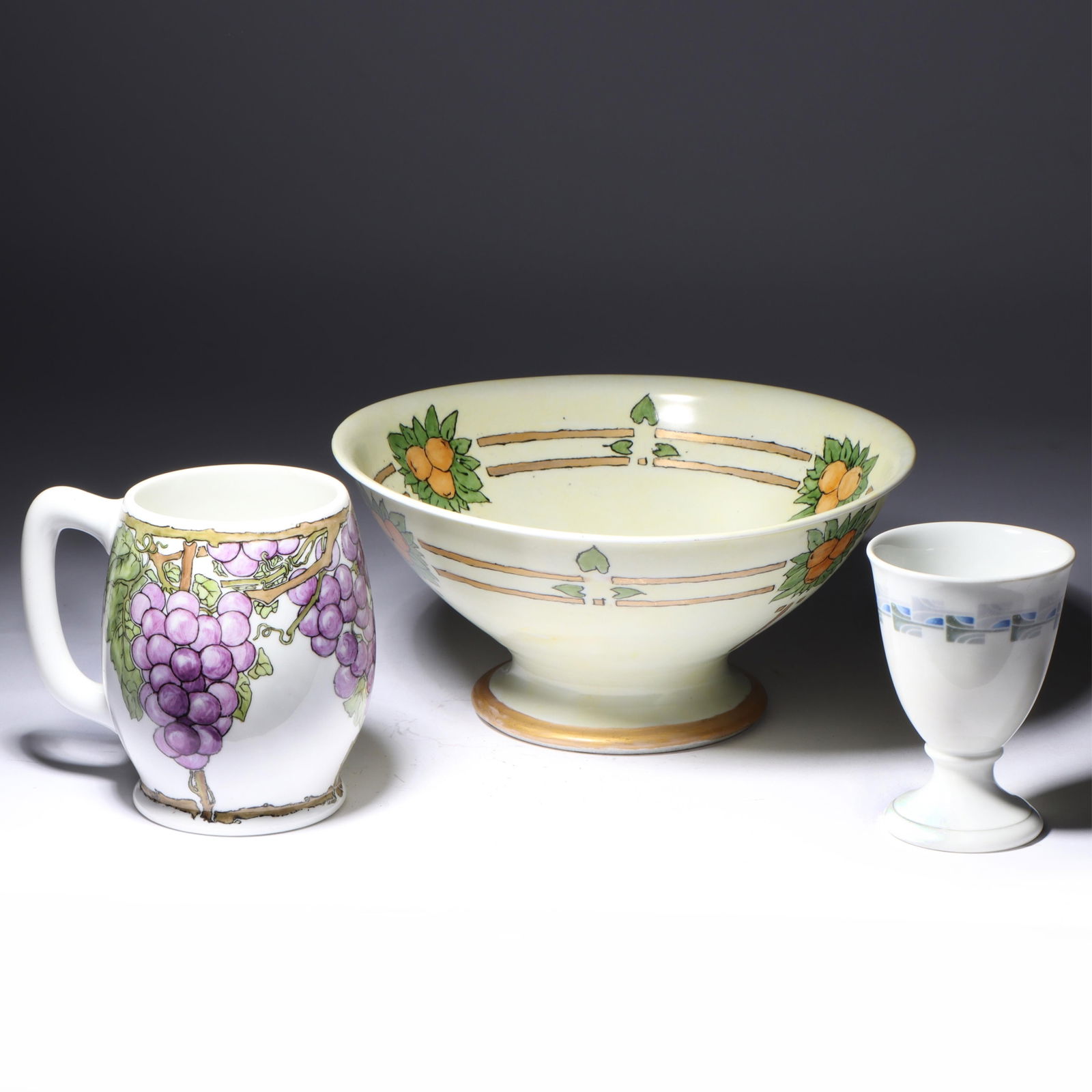 Three Pieces of Hand Painted China 4 1/2"H x 10"Diam. (Bowl): Three Pieces of Hand Painted China Mug stamped "J.P.L.France" hand painted by unknown decorator of intricate grape/trellis motif. Rosenthal footed egg cup has a transfer banded A&C design. Czechoslova