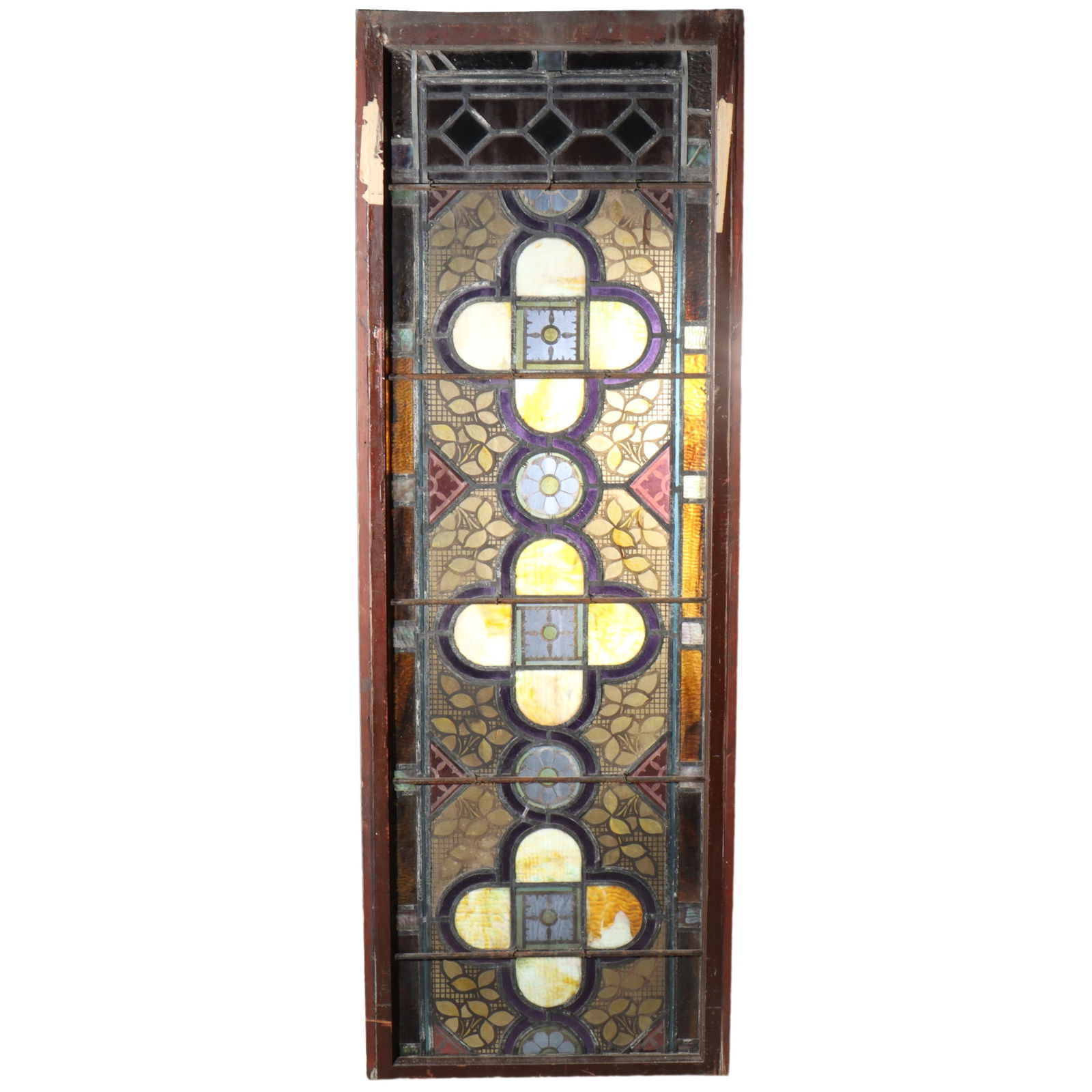 Antique leaded stained glass pub window panel with quatrefoil and floral motif 69 1/4"H x 24 1/4"W (1 of 16)