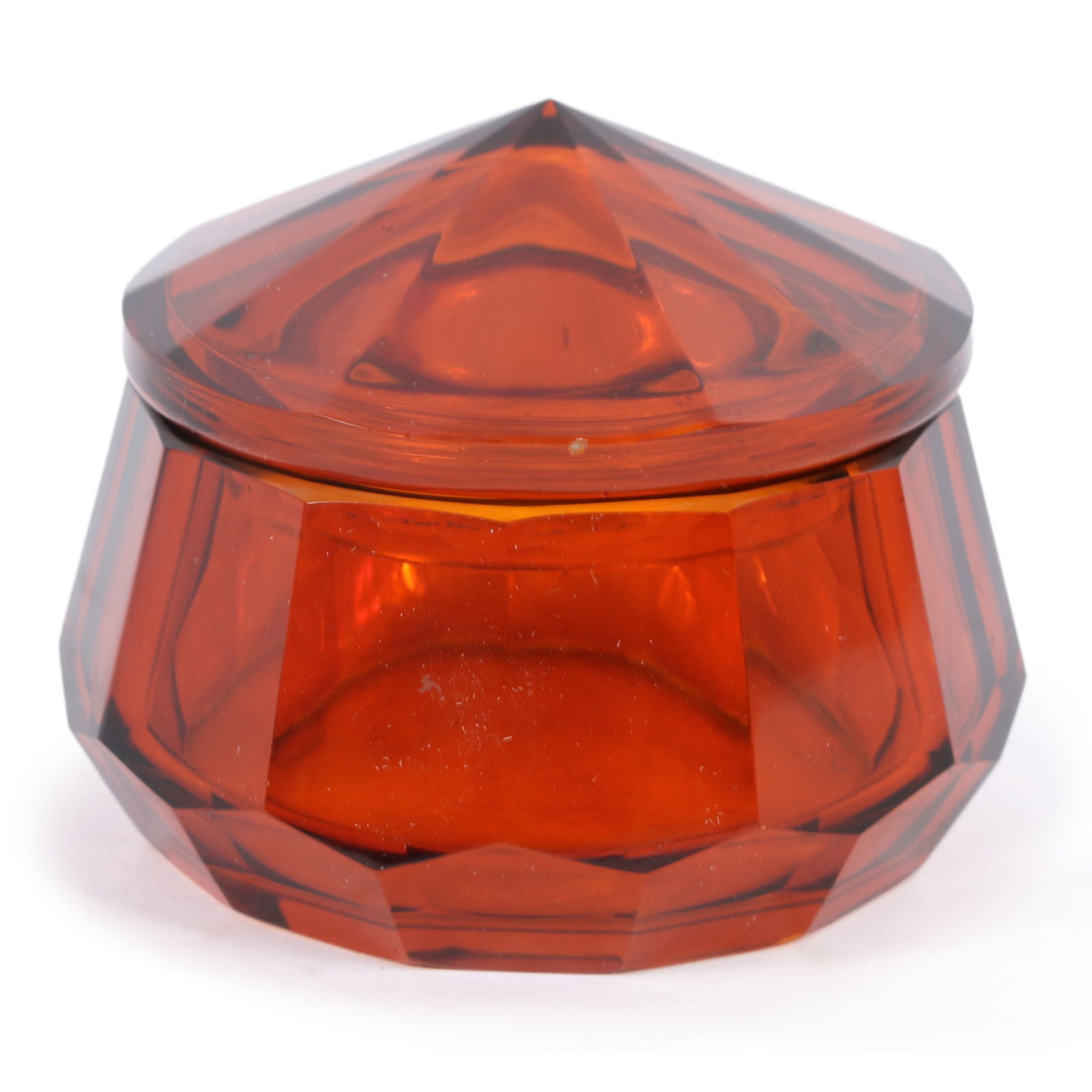 Josef Hoffmann Wiener Werkstatte Moser amber glass covered jar 2 1/2"H x 2 3/4"Diam. (1 of 4)