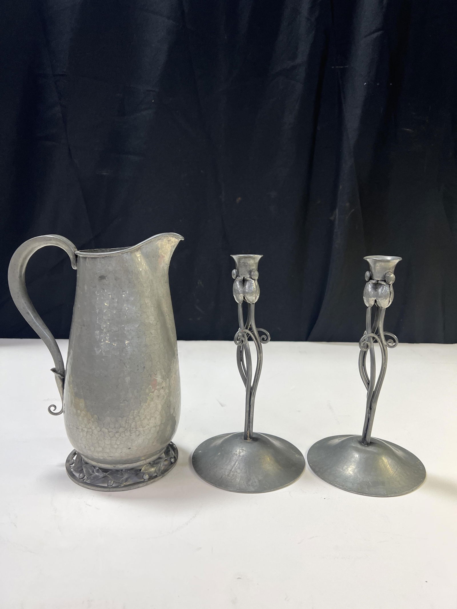 Serge Nekrassoff Signed pair hammered Pewter Arts & Crafts Candle Holders and water serving pitcher (1 of 11)