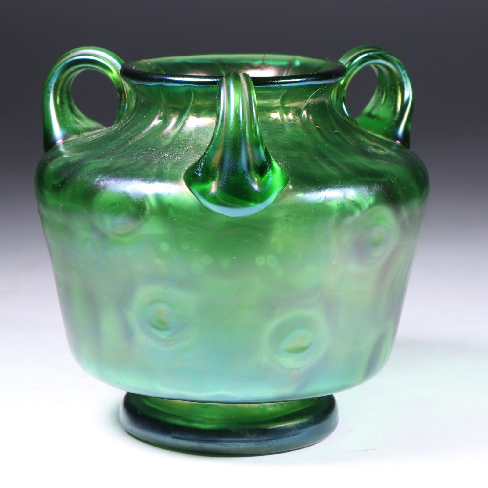 Loetz Rusticana iridescent green 3 handle art glass vase 4 1/4"H x 4 1/4"Diam.: Loetz Rusticana iridescent green 3 handle art glass vase 4 1/4"H x 4 1/4"Diam.