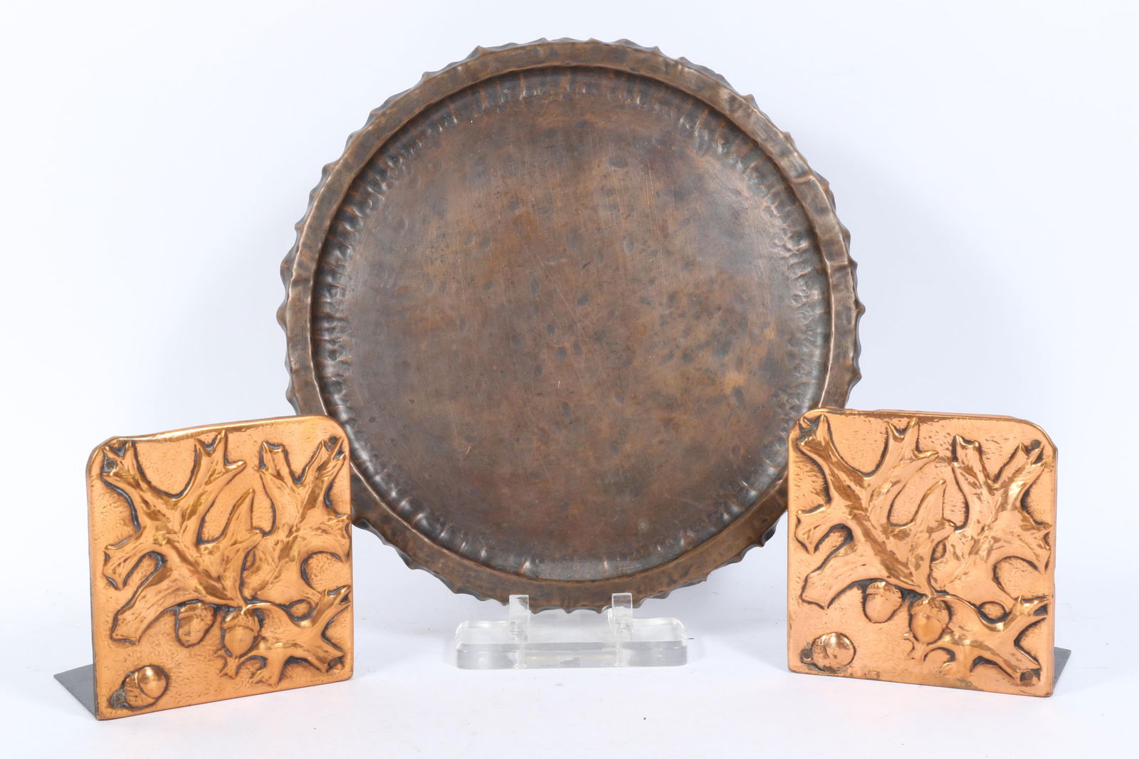 Arts & Crafts hammered copper group: Tookay Shops hand wrought tray and pair copper clad oak leaf (1 of 8)
