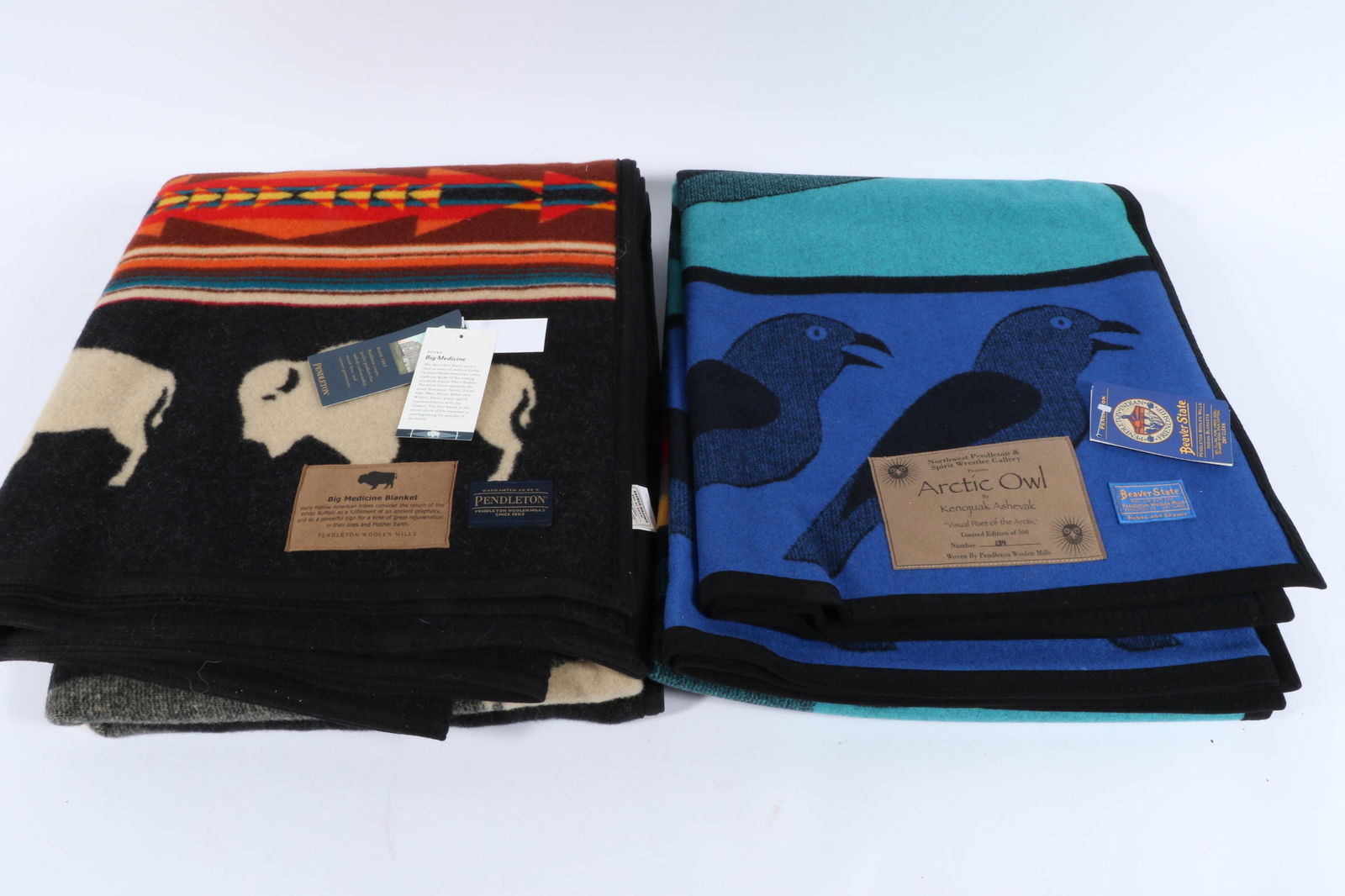 Pair of Pendleton and Beaver State wool blankets: Inuit Owl / Arctic Owl 64" robe by Kenojuak (1 of 10)