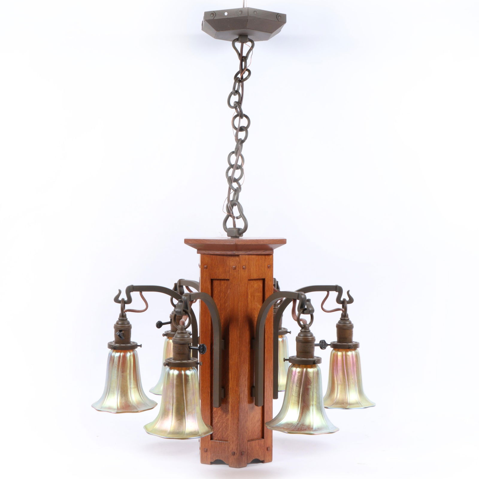 Old California Lantern Company Arts and Crafts style 6 light chandelier with gold iridescent florifo (1 of 7)