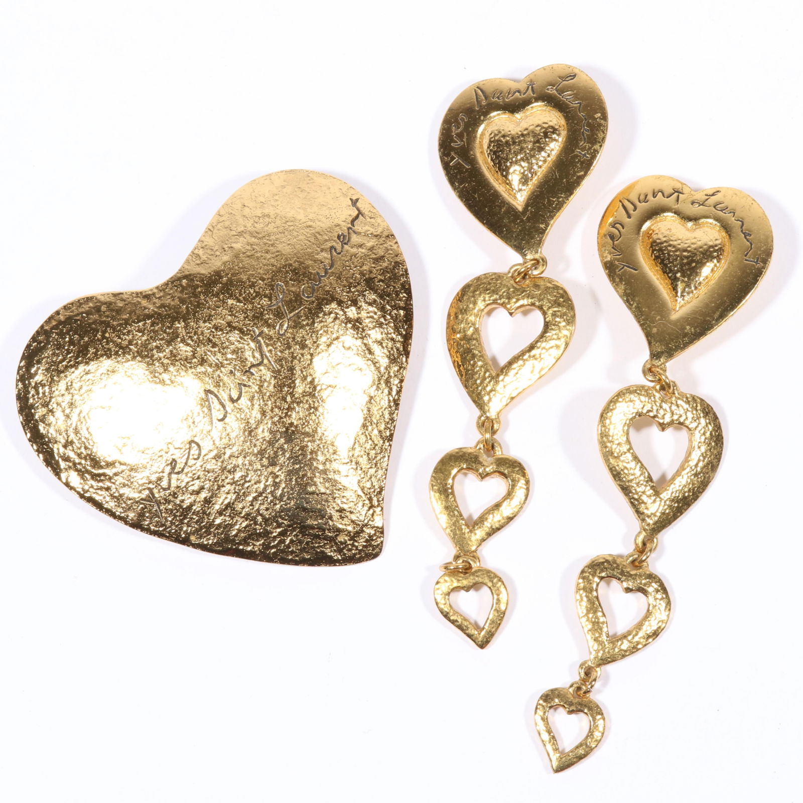 Yves Saint Laurent Robert Goossens for YSL heart brooch and heart dangle earrings. 4"Drop x 1 1/8"W: Yves Saint Laurent Robert Goossens for YSL heart brooch and heart dangle earrings. 4"Drop x 1 1/8"W (earrings)