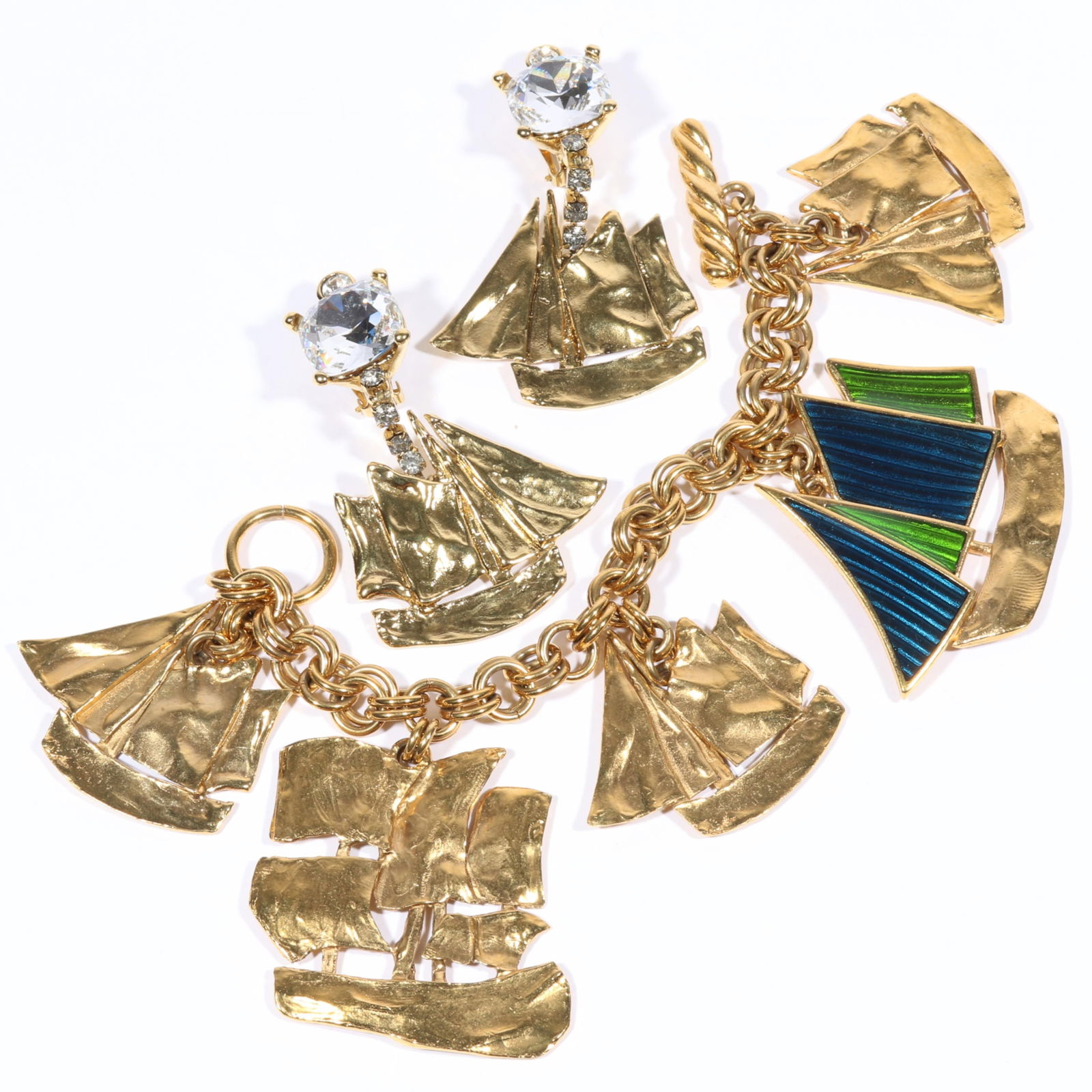 Yves Saint Laurent YSL Rive Gauche sailboat charm bracelet and matching YSL rhinestone crystal drop (1 of 15)
