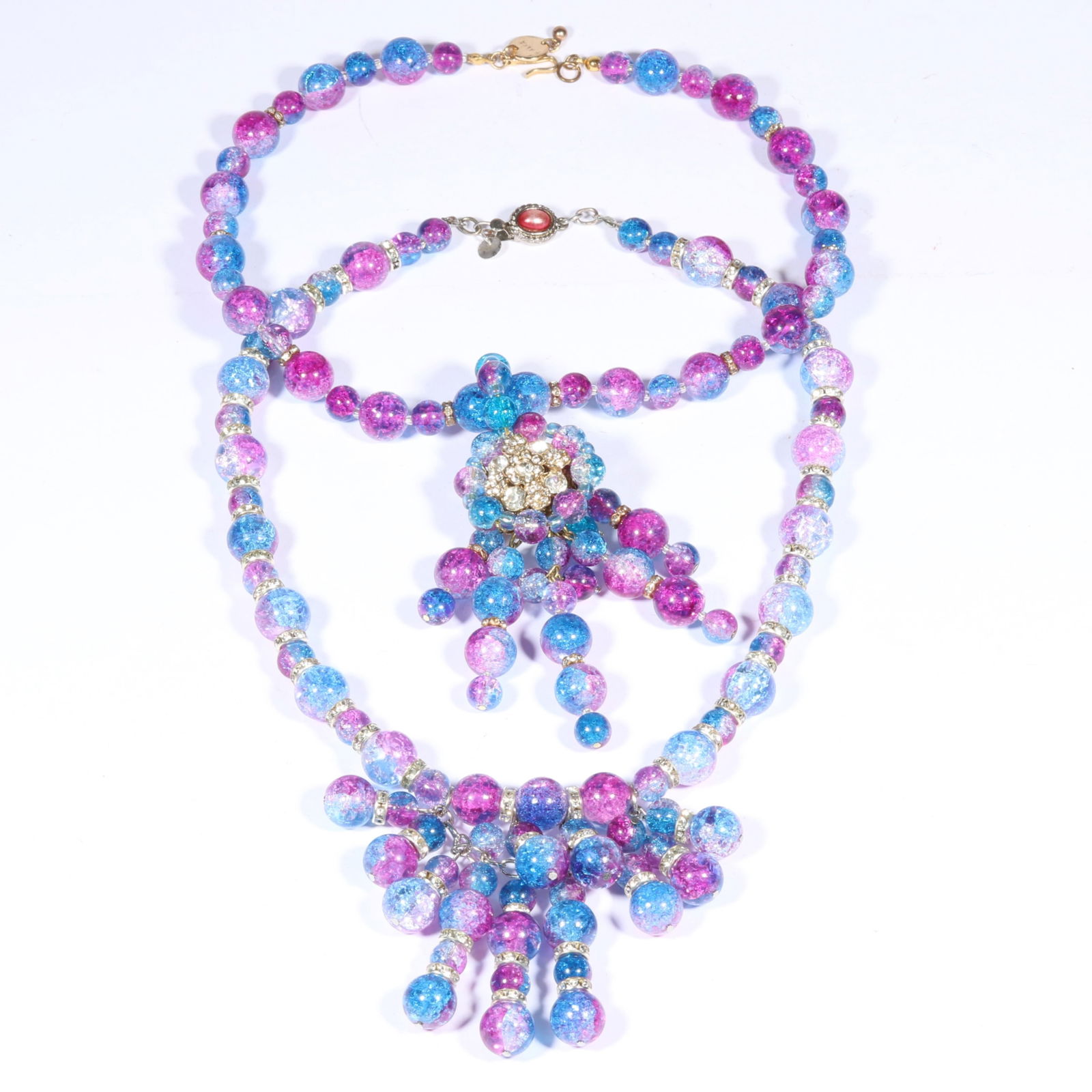 Pair of vintage Anka violet and blue crackle glass beaded drop necklaces. 16 1/2"L x 4 1/8"Drop (1 of 9)