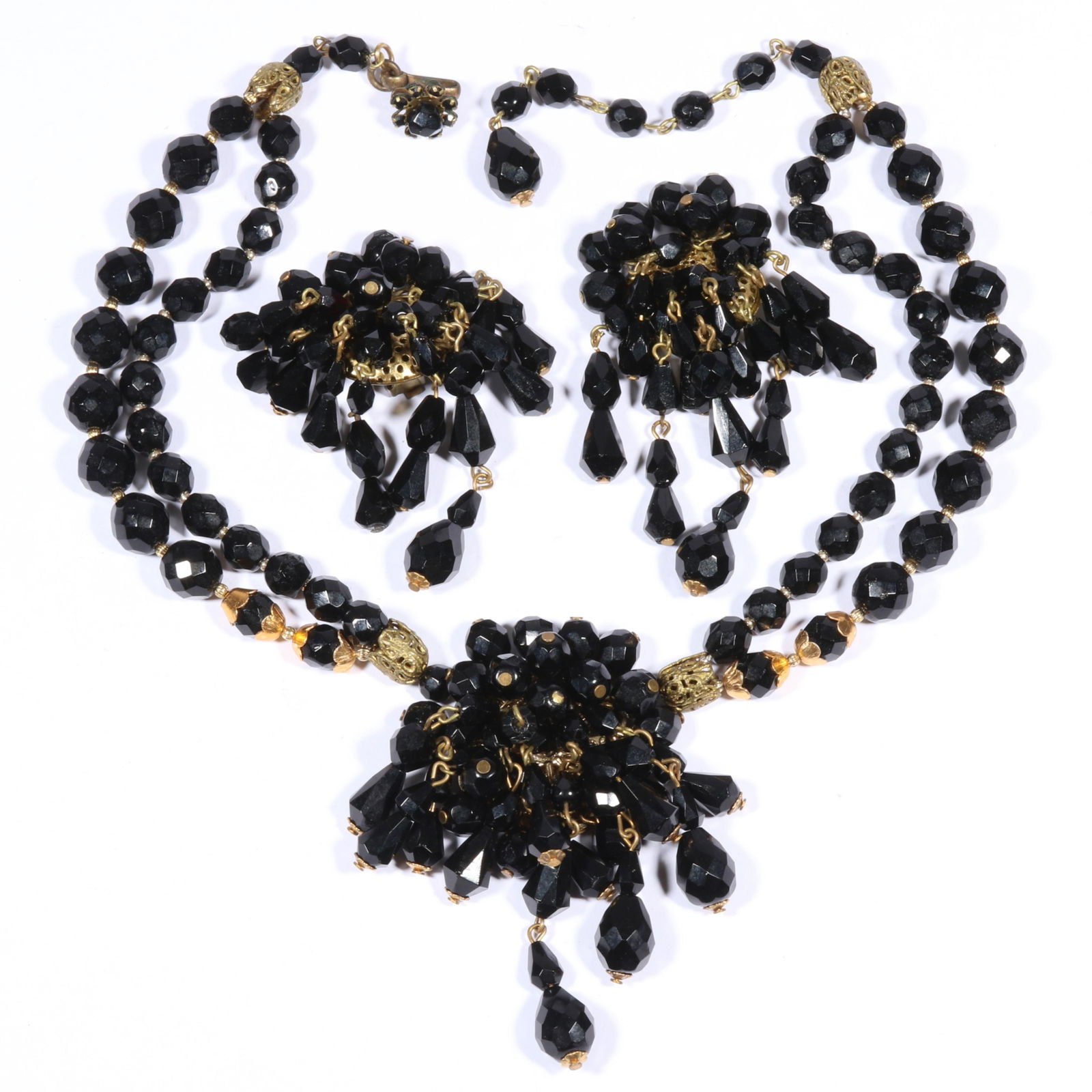 Miriam Haskell faceted glass beaded drop necklace and matching earrings. 17 1/2"L x 3"Drop: Miriam Haskell faceted glass beaded drop necklace and matching earrings. From the Collection of Connie DeNave "JewelDiva" 17 1/2"L x 3"Drop (necklace)