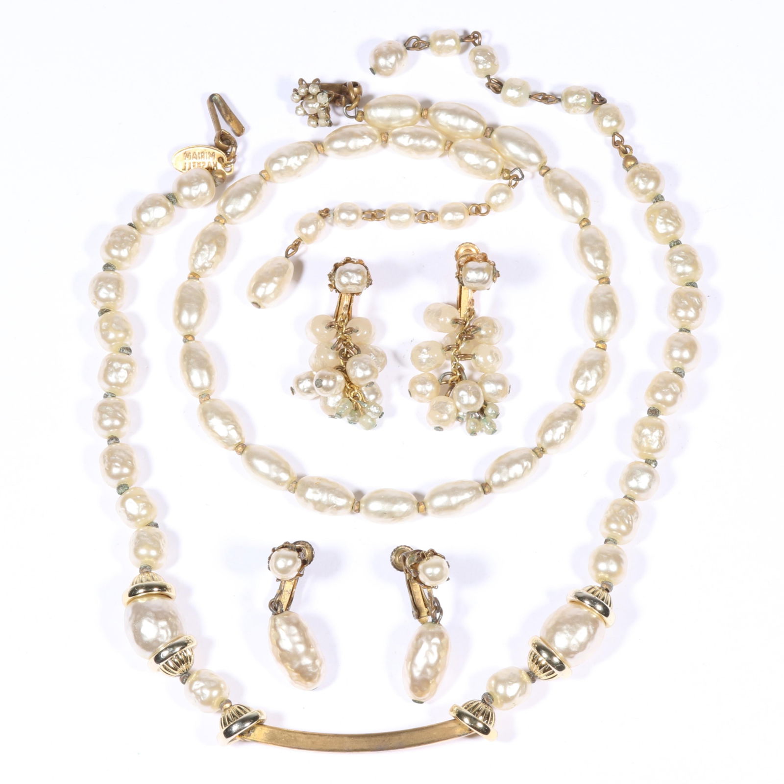 Miriam Haskell faux pearl jewelry group including two necklaces and two pairs of drop earrings. (1 of 12)