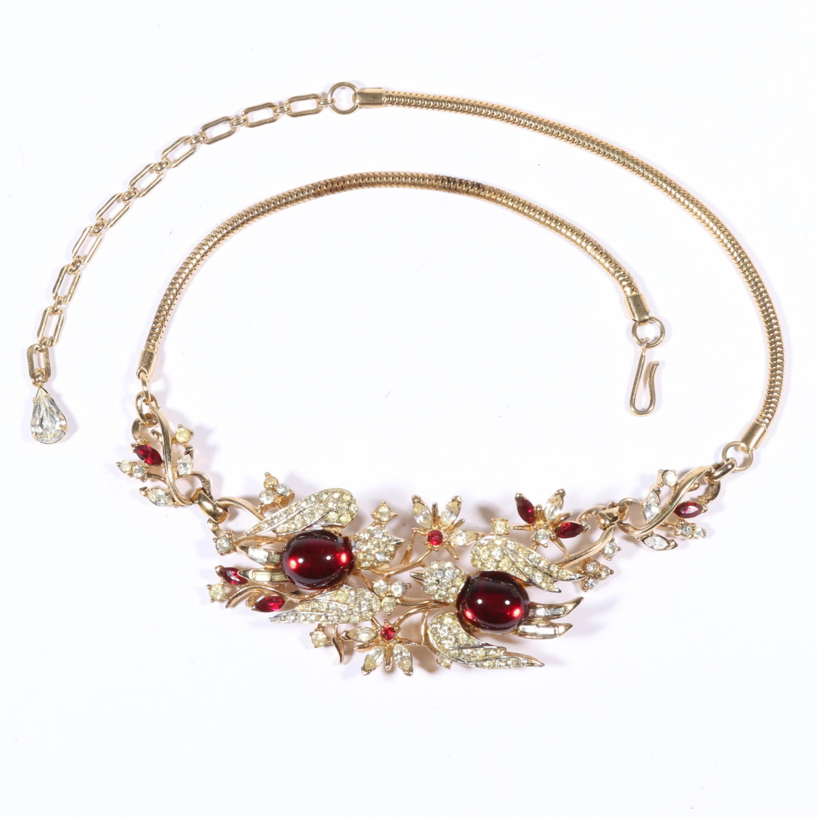 Signed Coro Craft / Corocraft 1954 lovebird series necklace with ruby red cabochon and pearl jewels: Signed Coro Craft / Corocraft 1954 lovebird series necklace with ruby red cabochon and pearl jewels and diamante rhinestones on gold tone snake chain. Provenance: From the collection of Cheryl Killmer